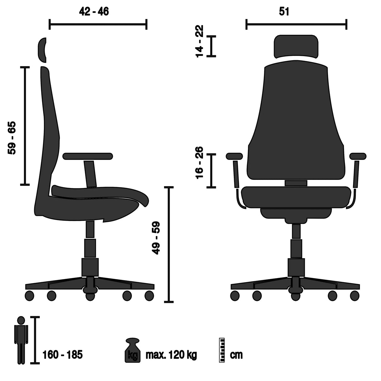 Technische Zeichnung des Luxus Chefsessels ERGOHUMAN SIGNATURE GEN2 mit maximal 120 kg Belastbarkeit von hjh OFFICE