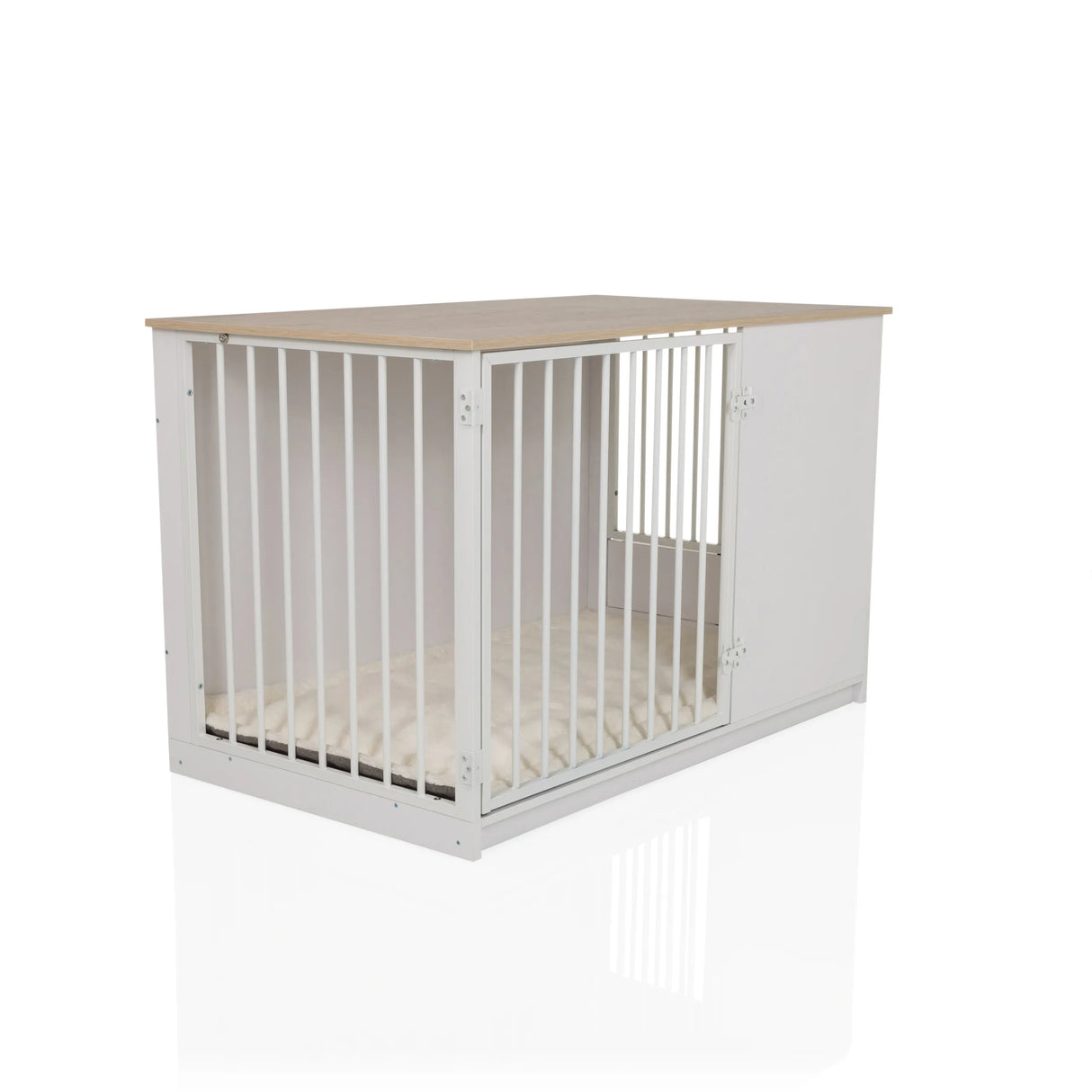 Weiße Hundebox PAWHOME XL mit Gittertür, Holzplatte in Eicheoptik und integrierten Näpfen von hjh LIVING – 360-Grad-Ansicht (schräge Frontansicht 45°)
