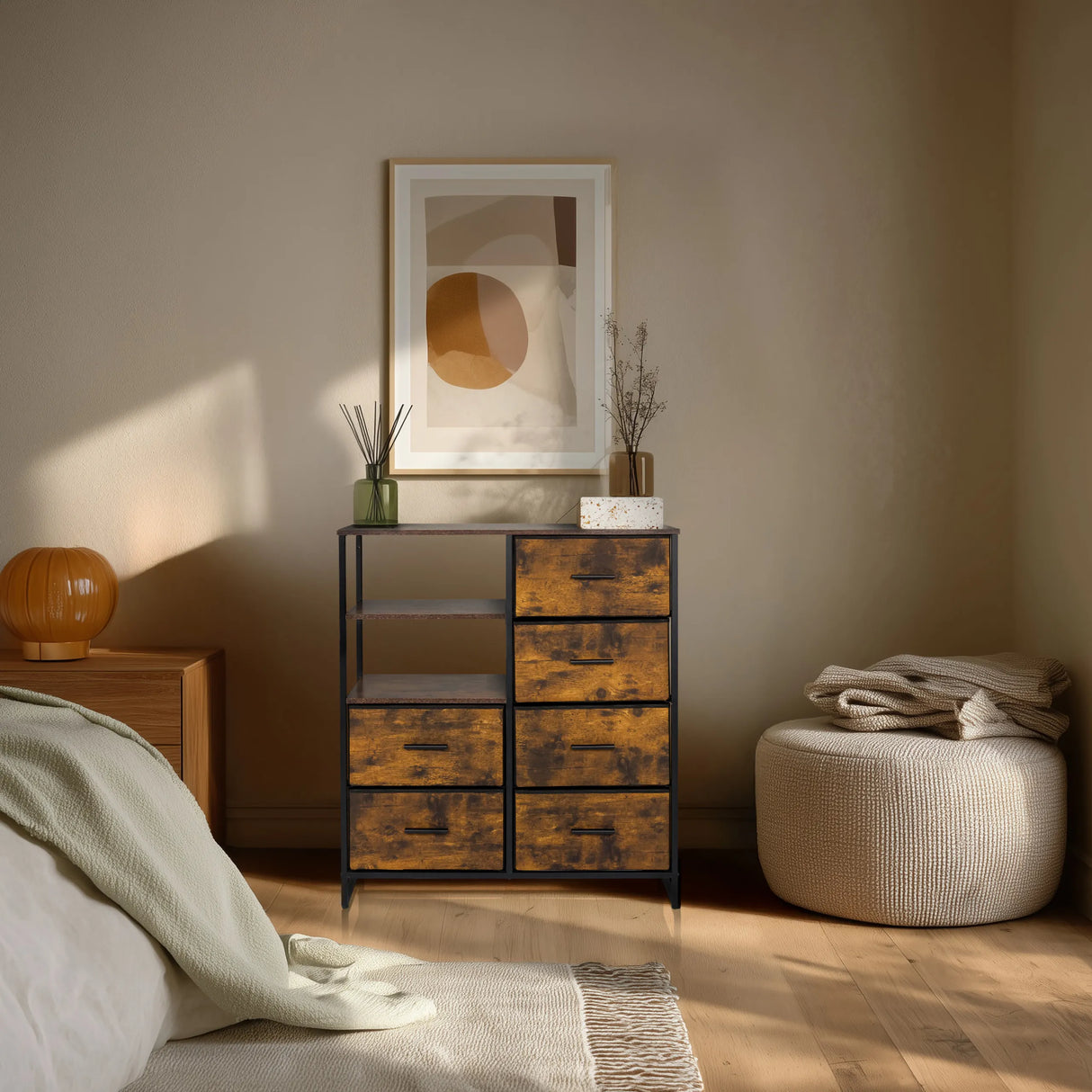 Kommode RAGALA in Räuchereiche mit schwarzem Metallgestell und sechs Schubfächern von hjh LIVING