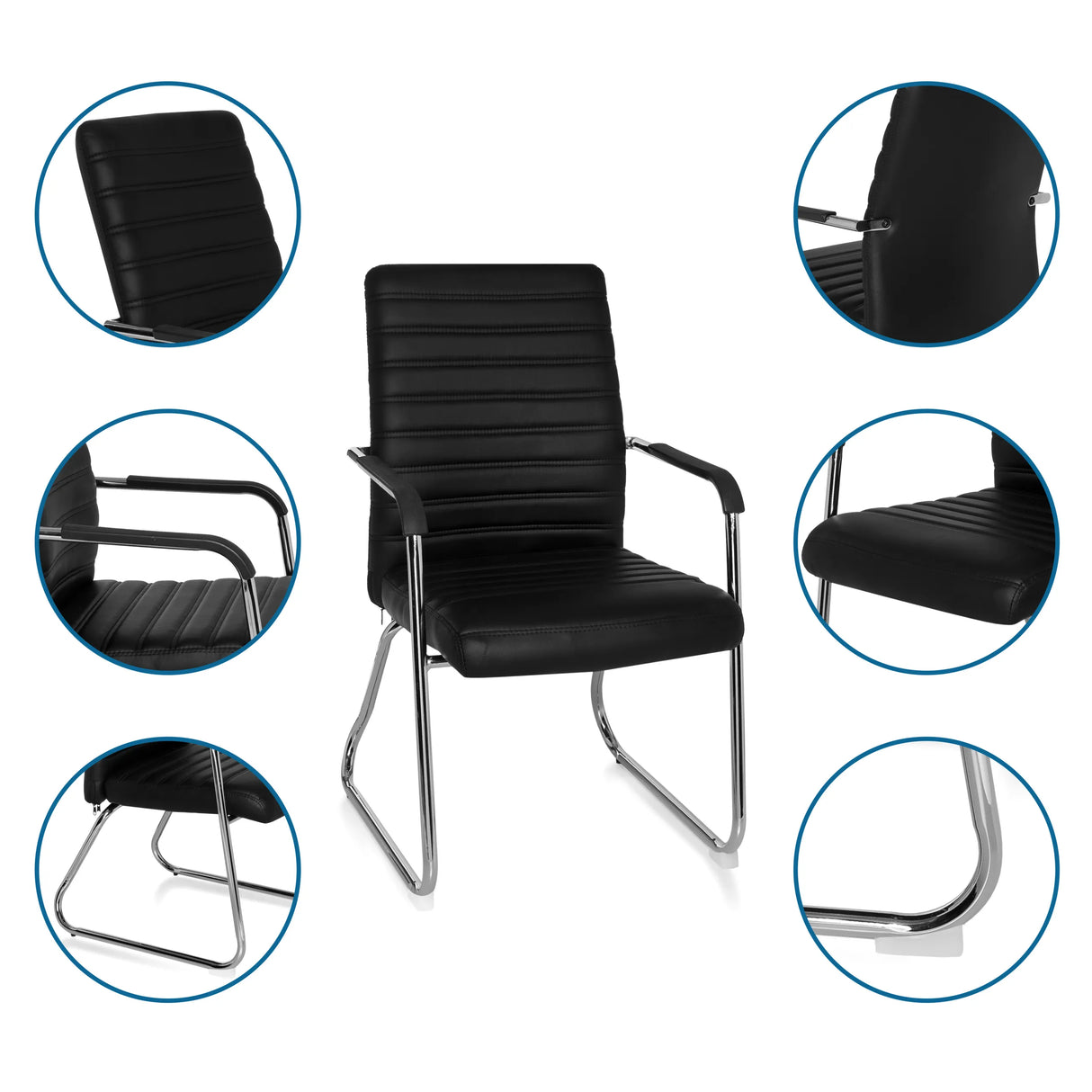 Besucherstuhl STEEL V in Schwarz mit Kufengestell, Armlehnen und gesteppter Polsterung von hjh OFFICE