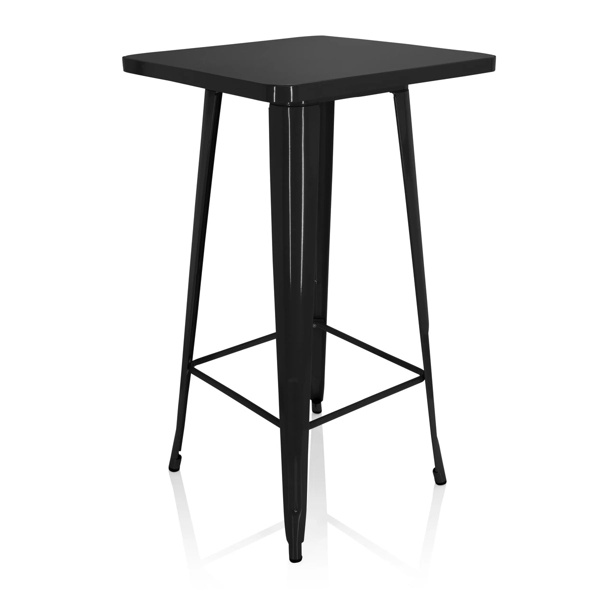 Schwarzer Bartisch VANTAGGIO HIGH T mit quadratischer Platte und zwei Querstreben von hjh OFFICE – 360-Grad-Ansicht (schräge Frontansicht 40°)