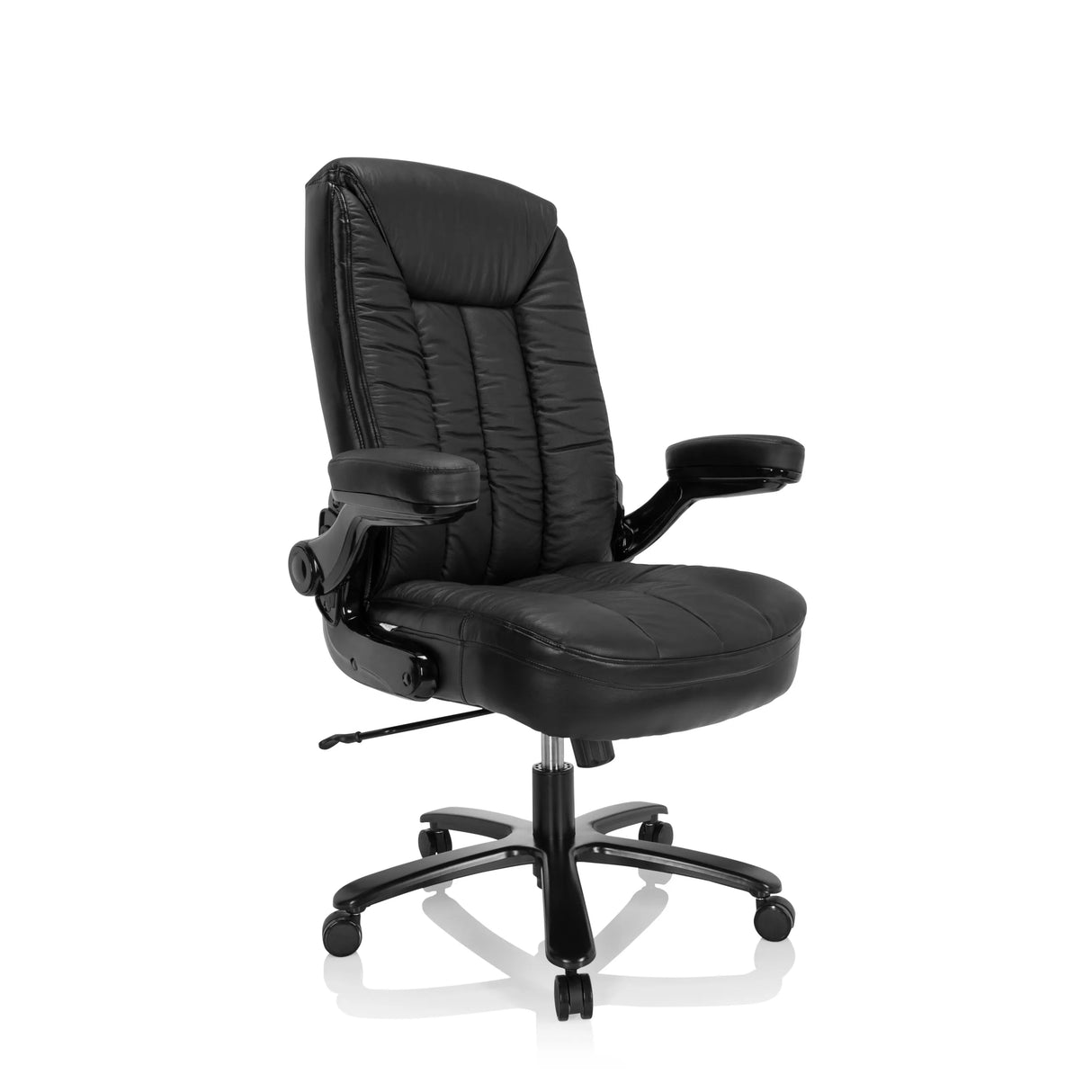 Schwarzer XXL Drehstuhl INSTRUCTOR III aus Leder mit Fußkreuz und fünf Rollen von hjh OFFICE – 360-Grad-Ansicht (schräge Frontansicht 40°)