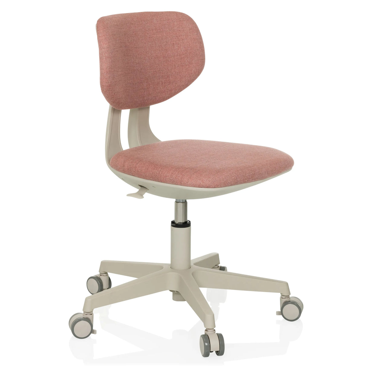 Rosa Kinderdrehstuhl KIDDY CLASSIC mit gepolsterter Sitzfläche und Fußkreuz mit fünf Rollen von hjh OFFICE – 360-Grad-Ansicht (schräge Frontansicht 45°)