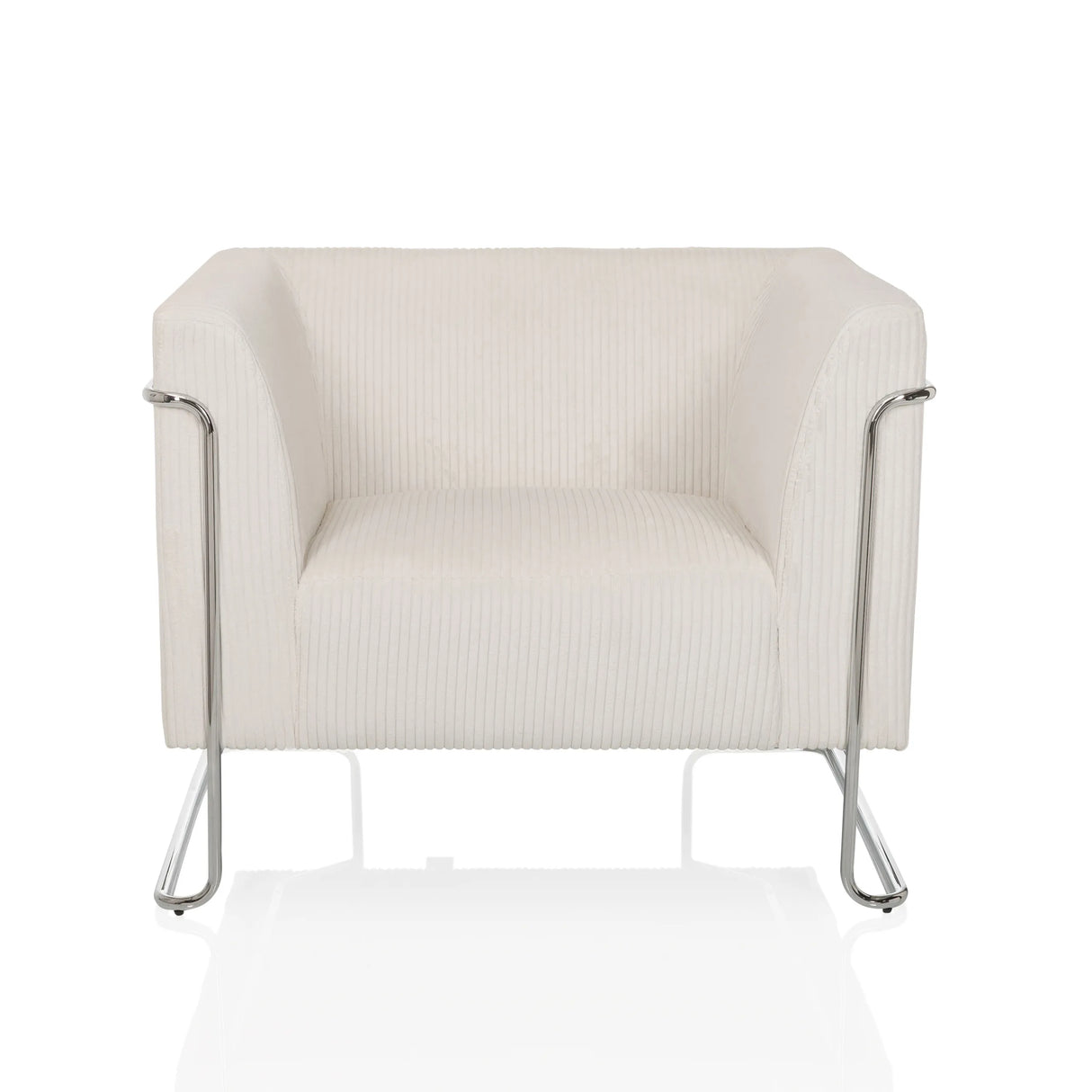 Weißer Loungesessel Curacao Cord mit geripptem Bezug und verchromtem Gestell von hjh LIVING – 360-Grad-Ansicht (Frontansicht 0°)