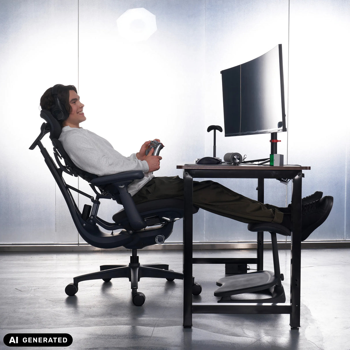 High-End-Bürostuhl LiberNovo Omni in Schwarz mit Beinstütze von Libernovo (KI-generiertes Bild)