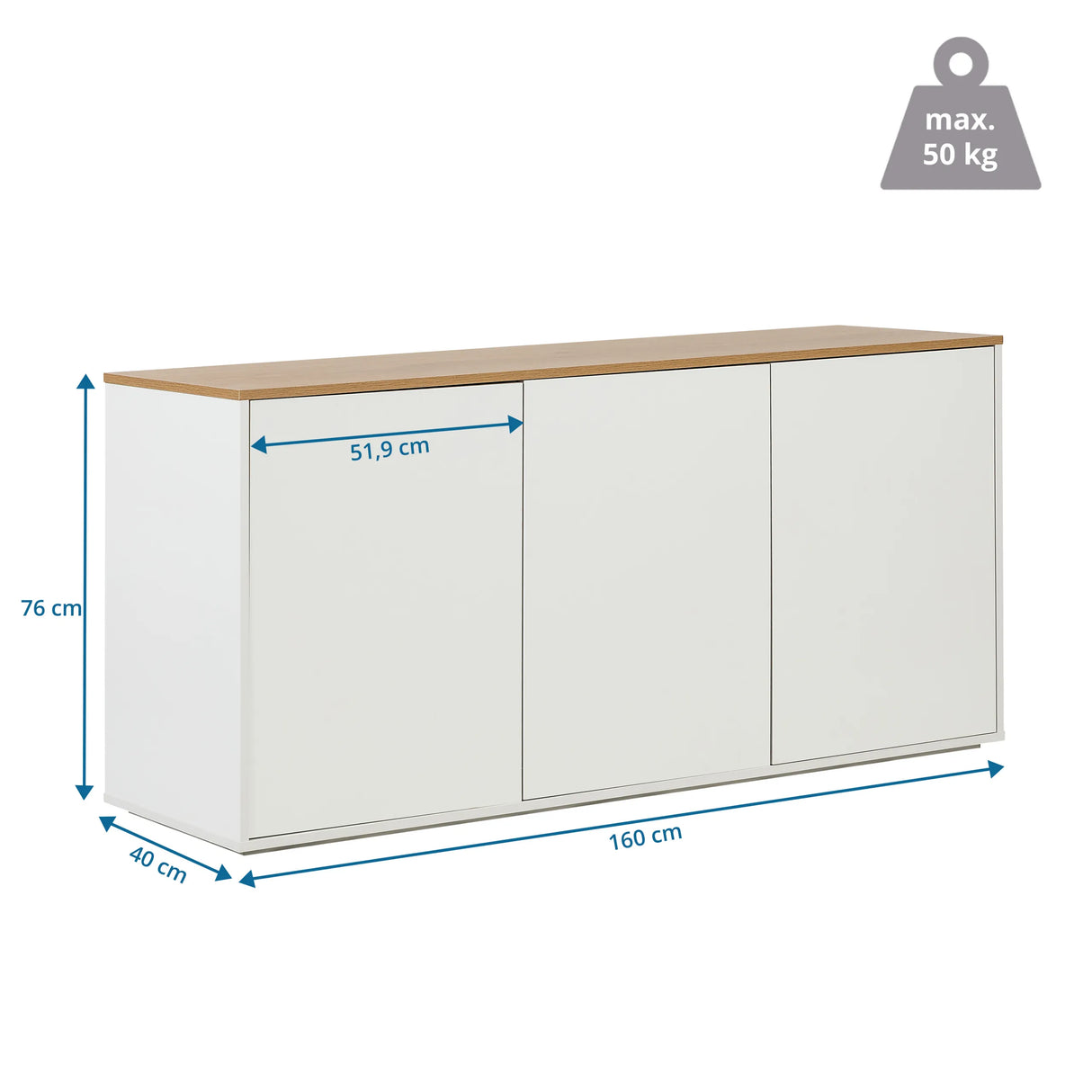 Maßzeichnung des Sideboards KELO S mit 160 x 40 cm von hjh LIVING