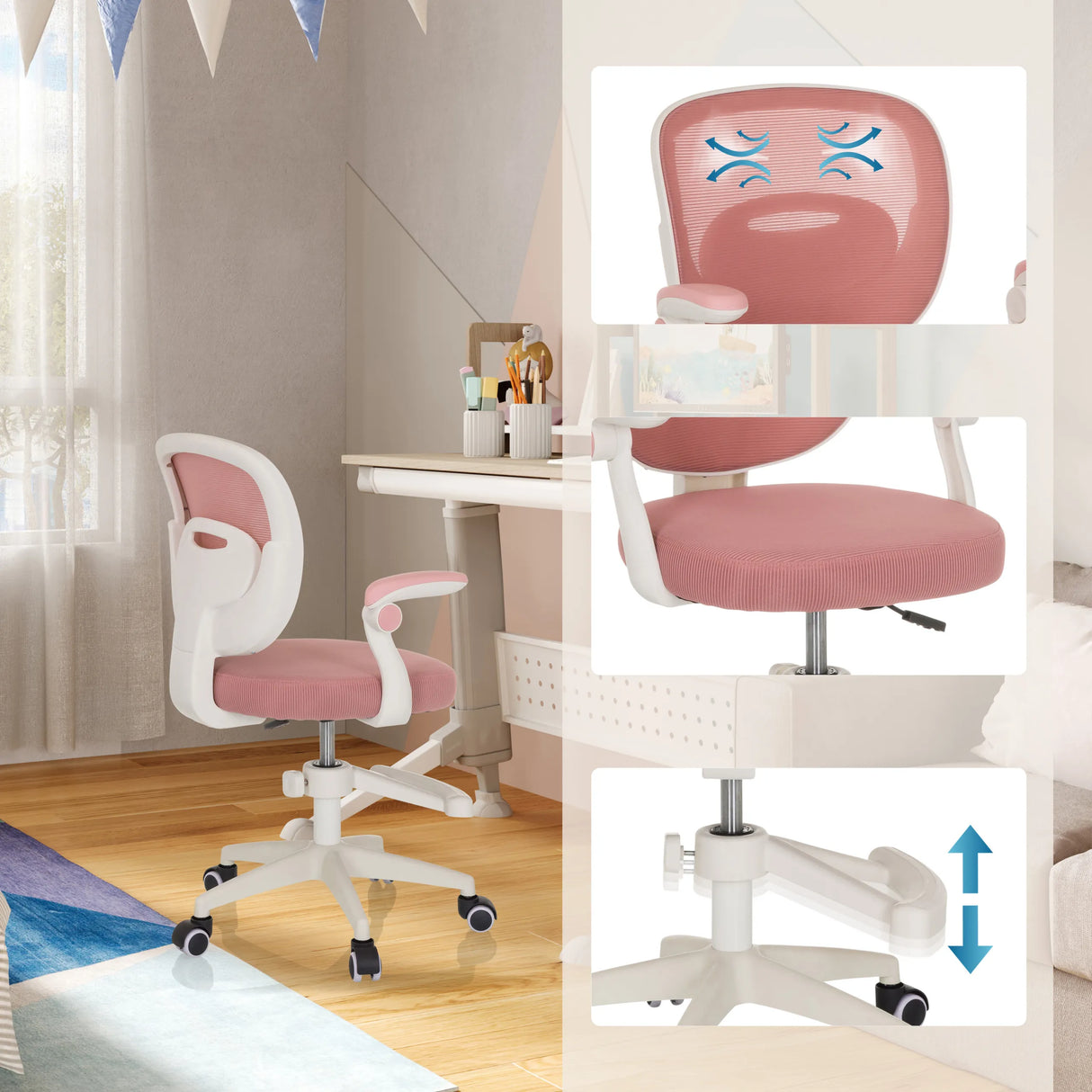 Rosa Kinderdrehstuhl KIDDY SMART mit atmungsaktiver Rückenlehne und höhenverstellbarer Sitzfläche von hjh OFFICE