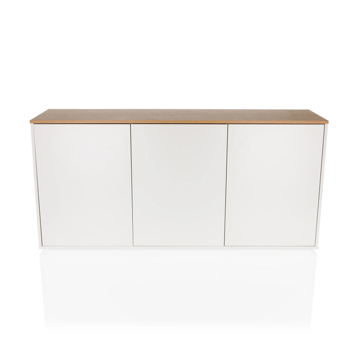Weißes Sideboard KELO S mit einer Arbeitsplatte in Eicheoptik und drei Türen von hjh LIVING – 360-Grad-Ansicht (Frontansicht 0°)