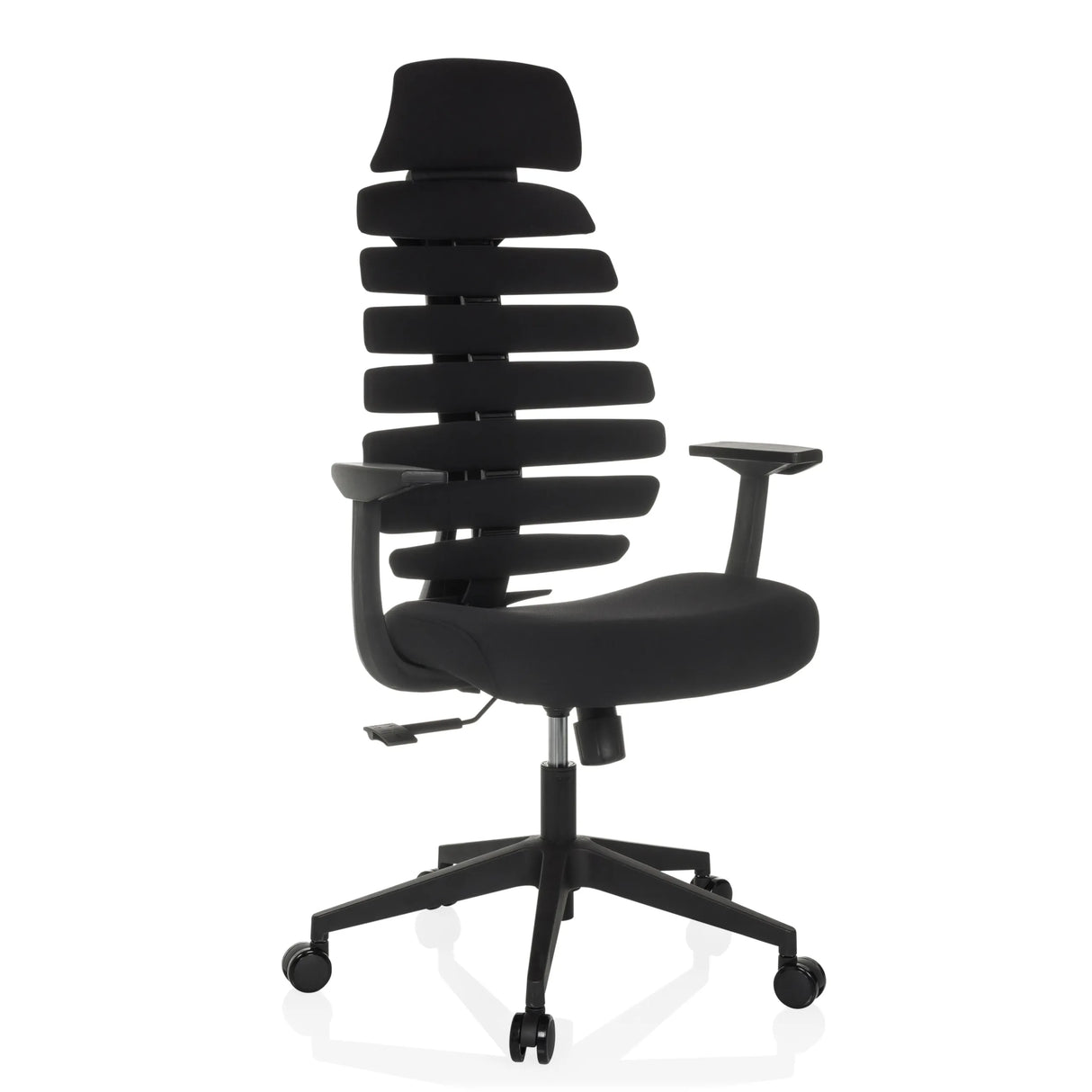 Schwarzer Profi-Bürostuhl ERGO LINE ECO mit Stoffbezug und Fußkreuz mit fünf Rollen von hjh OFFICE – 360-Grad-Ansicht (schräge Frontansicht 30°)