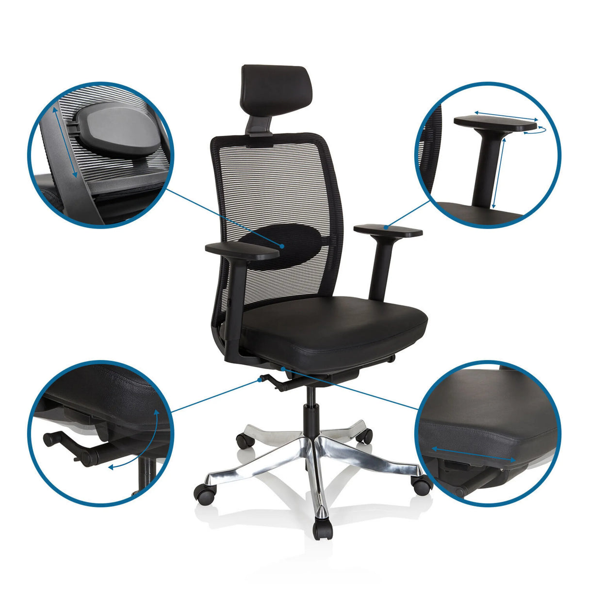 Verstellbare Funktionen des Luxus Chefsessels SENATOR PRO mit Kopfstütze, Armlehnen und Mechanik von hjh OFFICE