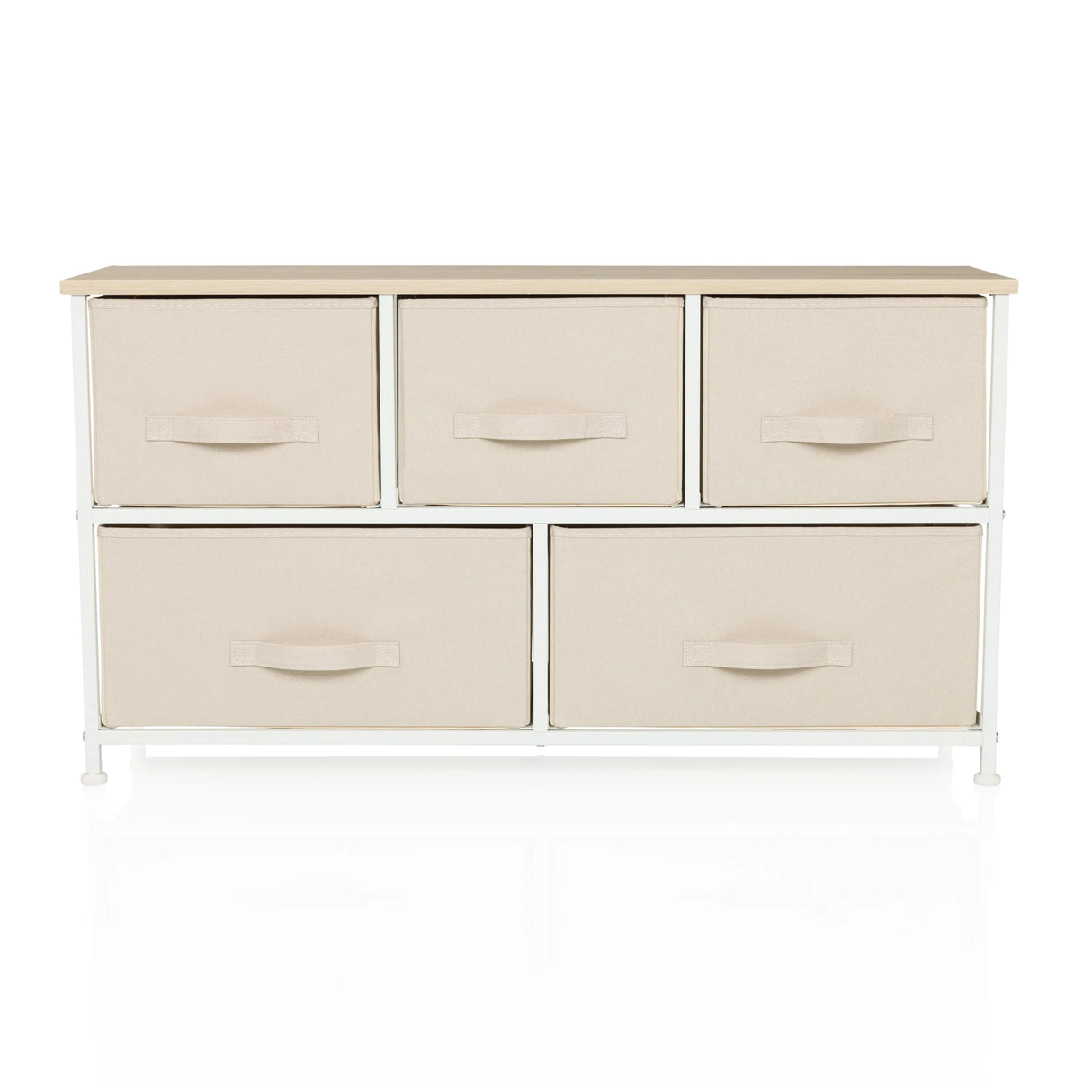 Beige Kommode FOLDAR mit fünf Stoffschubladen und weißem Gestell von hjh LIVING – 360-Grad-Ansicht (Frontansicht 0°)