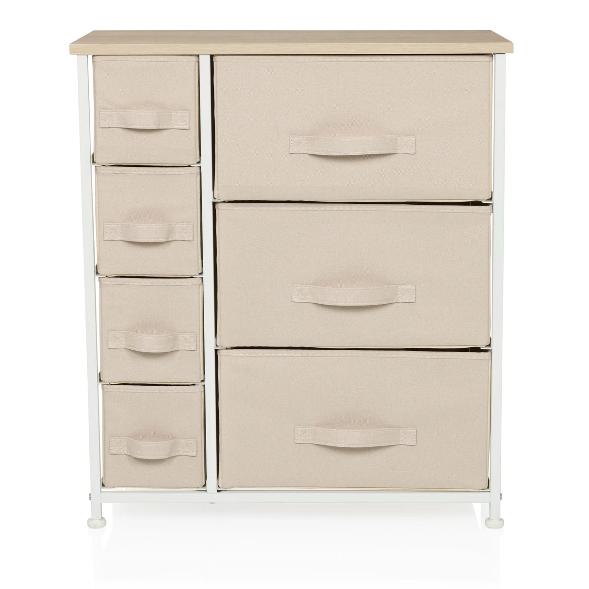 Beige Kommode FOLDRESS B mit sieben Stoffschubladen und weißem Gestell von hjh LIVING – 360-Grad-Ansicht (Frontansicht 0°)