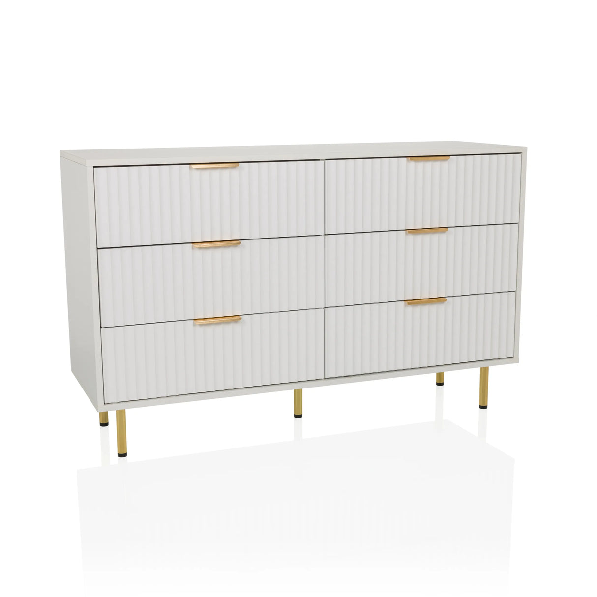 Weißes Sideboard HJELLE mit sechs Schubladen, geriffelten Fronten und goldenen Beinen von hjh LIVING – 360-Grad-Ansicht (Frontansicht 15°)