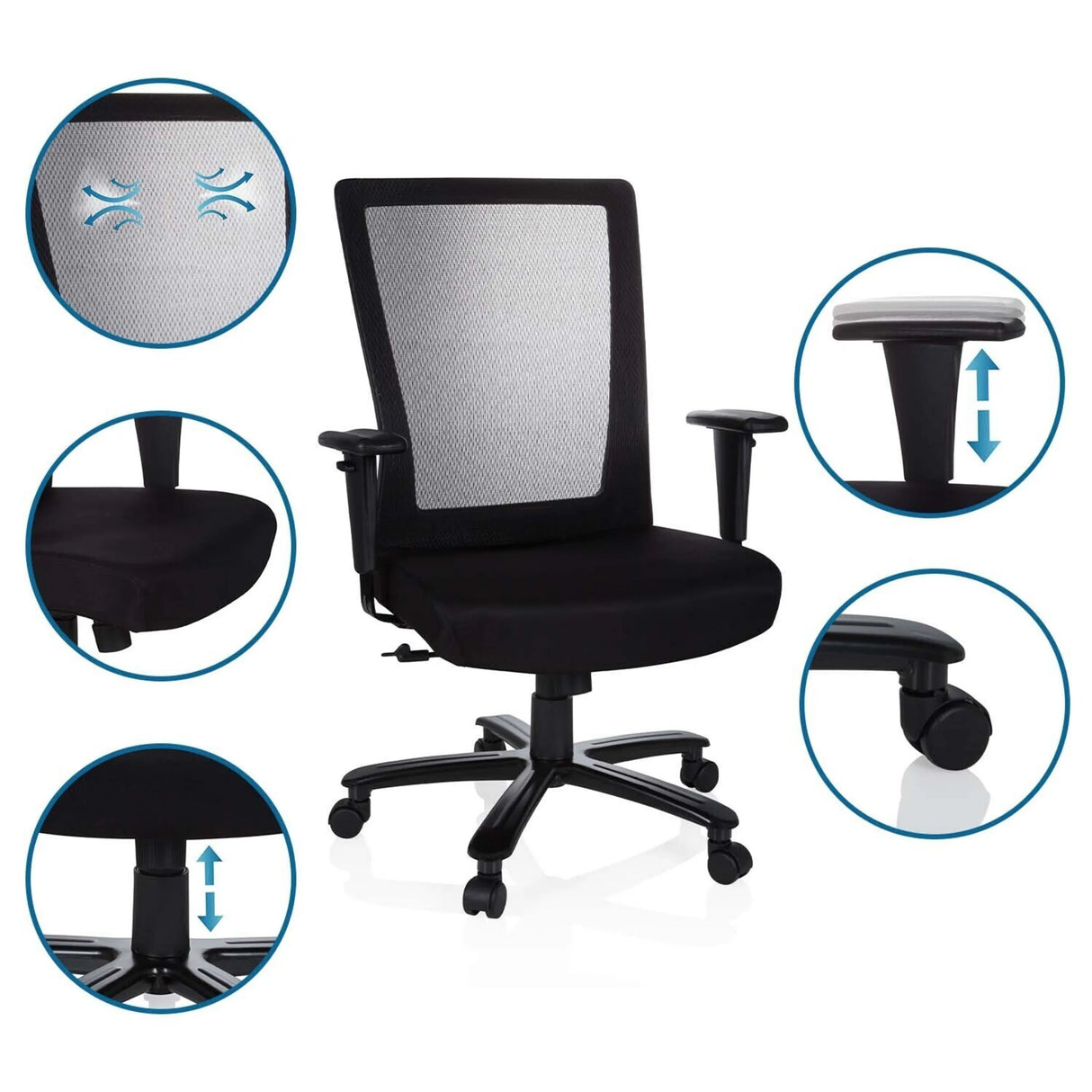 Drehstuhl XXL EXTENDER in Schwarz mit Mesh-Rückenlehne, verstellbaren Armlehnen und Gasdruckfeder von hjh OFFICE