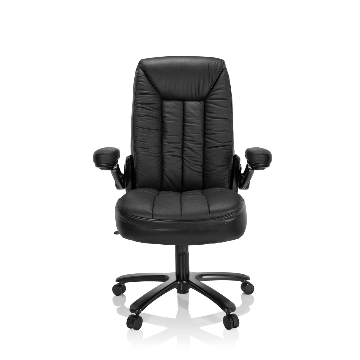 Schwarzer XXL Drehstuhl INSTRUCTOR III aus Leder mit Fußkreuz und fünf Rollen von hjh OFFICE – 360-Grad-Ansicht (Frontansicht 0°)