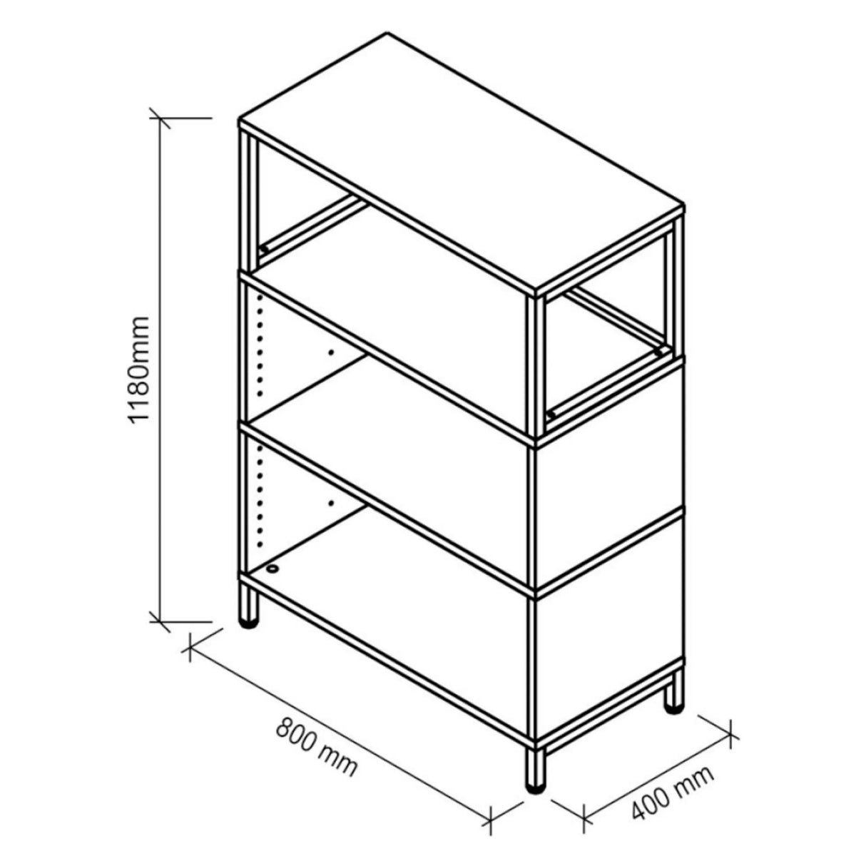 Technische Zeichnung des Regals FlexWall mit 800 × 400 mm und einer Höhe von 1180 mm von hjh OFFICE PRO