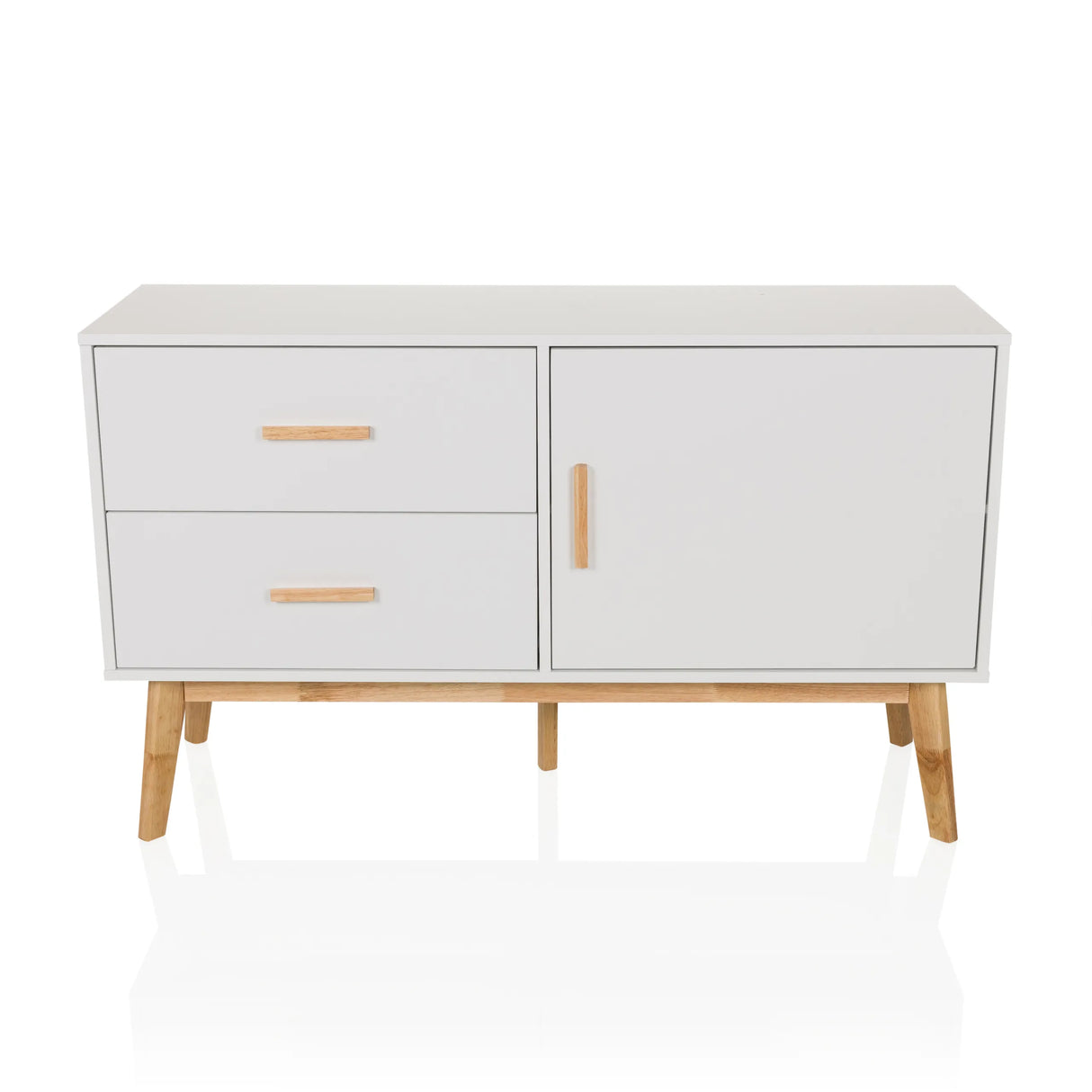 Weißes Sideboard TAROLO mit zwei Schubladen, einer Tür und Holzbeinen von hjh LIVING – 360-Grad-Ansicht (Frontansicht 0°)
