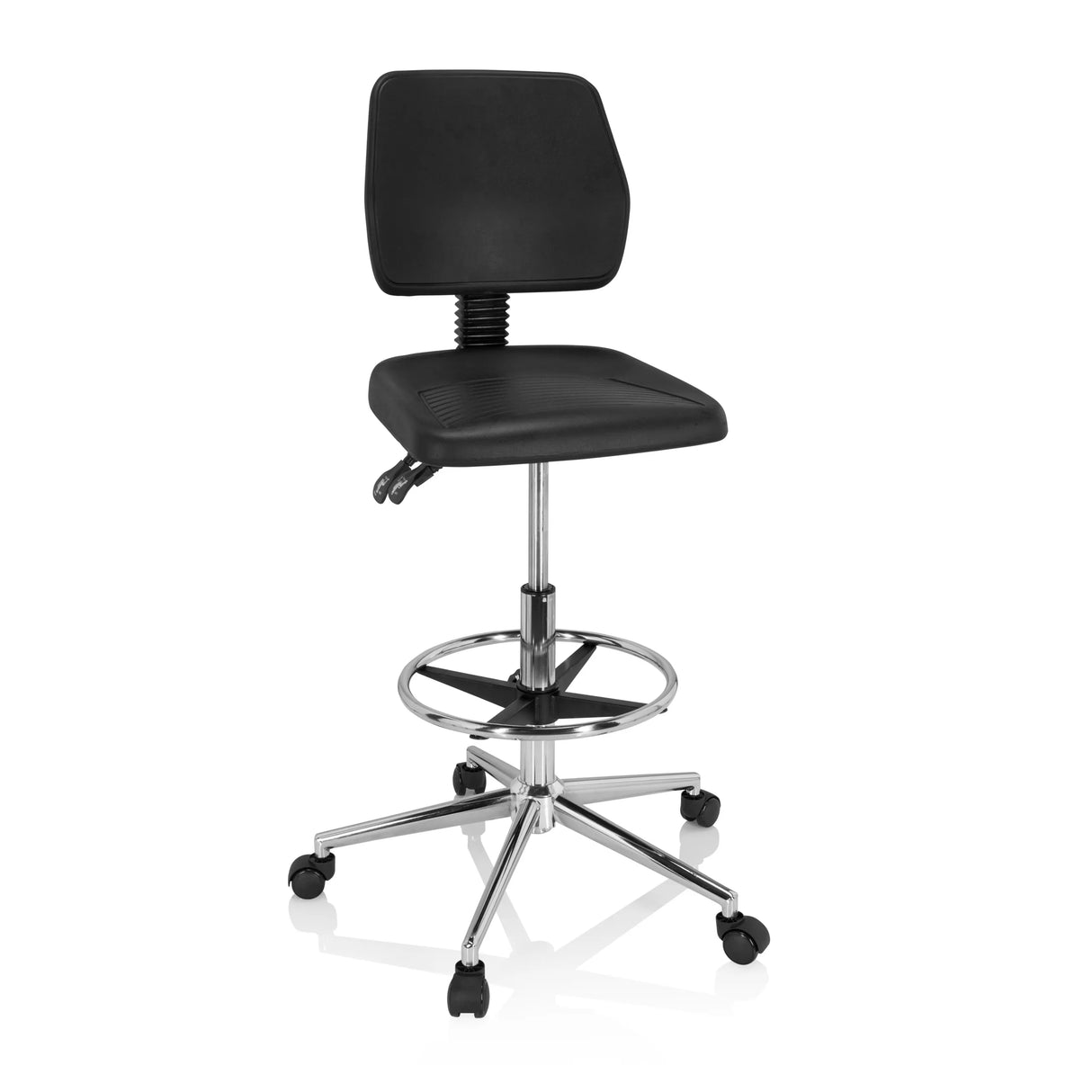 Schwarzer Counterstuhl TOP WORK 11 I mit Fußring und Fußkreuz mit fünf Rollen von hjh OFFICE – 360-Grad-Ansicht (Frontansicht 20°)