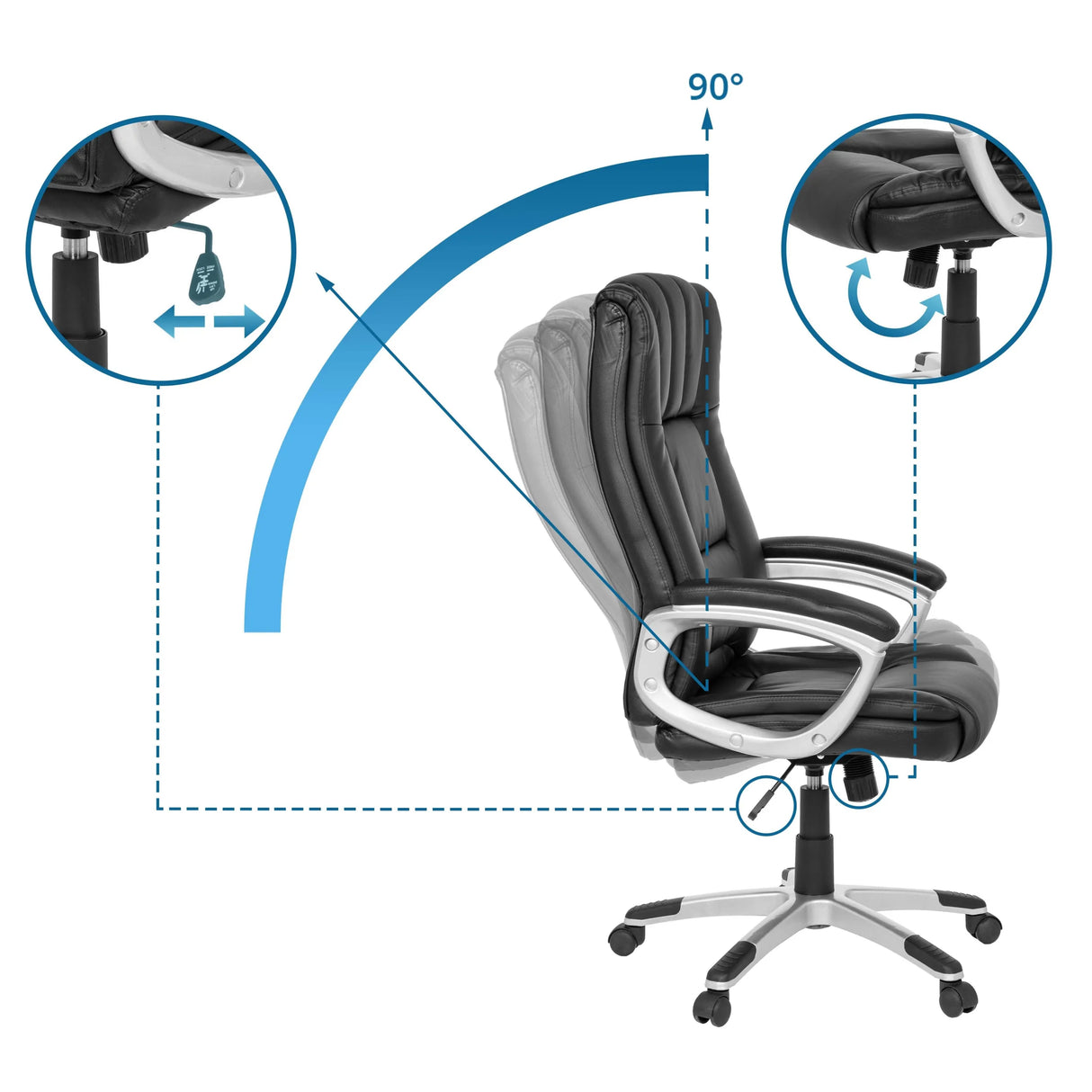 Verstellbarer Neigungswinkel bis 90 Grad des Home-Office-Bürostuhls RELAX CL150 von MyBuero