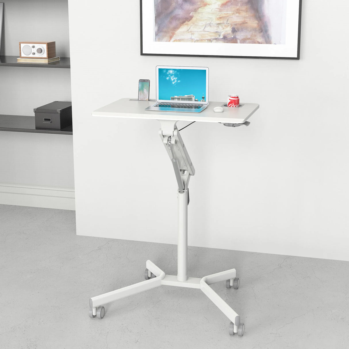 Weißer Stehschreibtisch STAND VM-SU I mit höhenverstellbarem Gestell und Rollfußkreuz von hjh OFFICE
