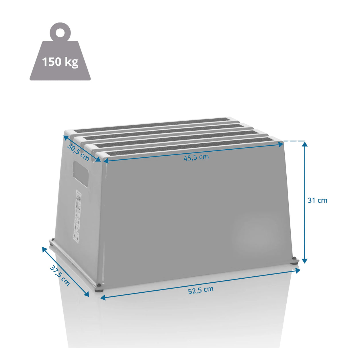 Maßzeichnung des Tritthockers TIO-E1 mit 52,5 × 37,5 cm und einer Belastbarkeit von 150 kg von hjh OFFICE