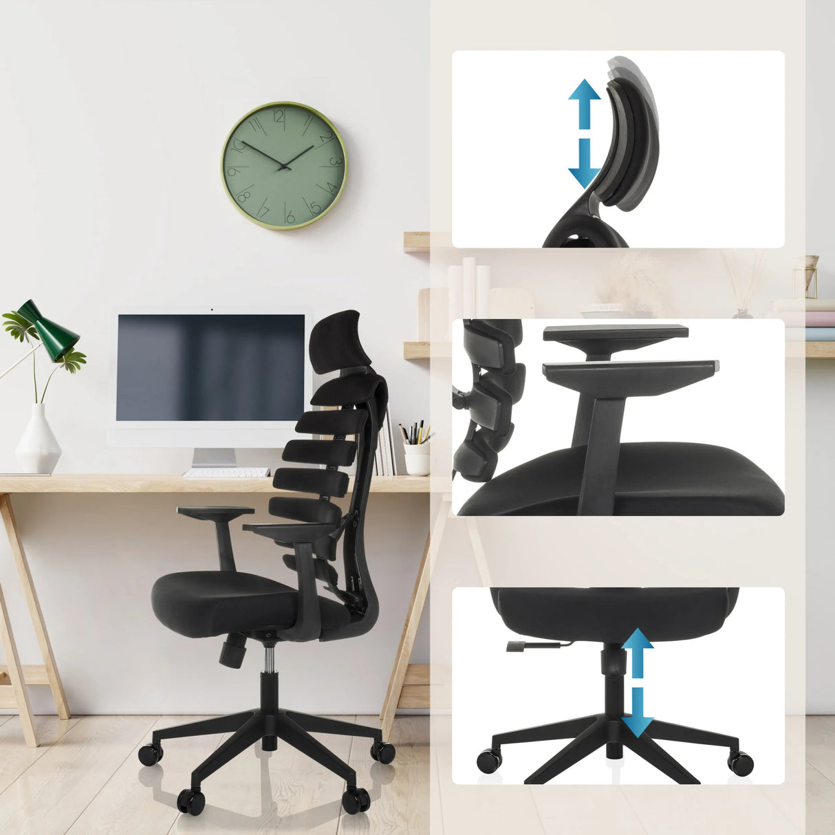 Verstellbare Kopfstütze, Armlehnen und Sitzhöhe des Profi-Bürostuhls ERGO LINE ECO von hjh OFFICE