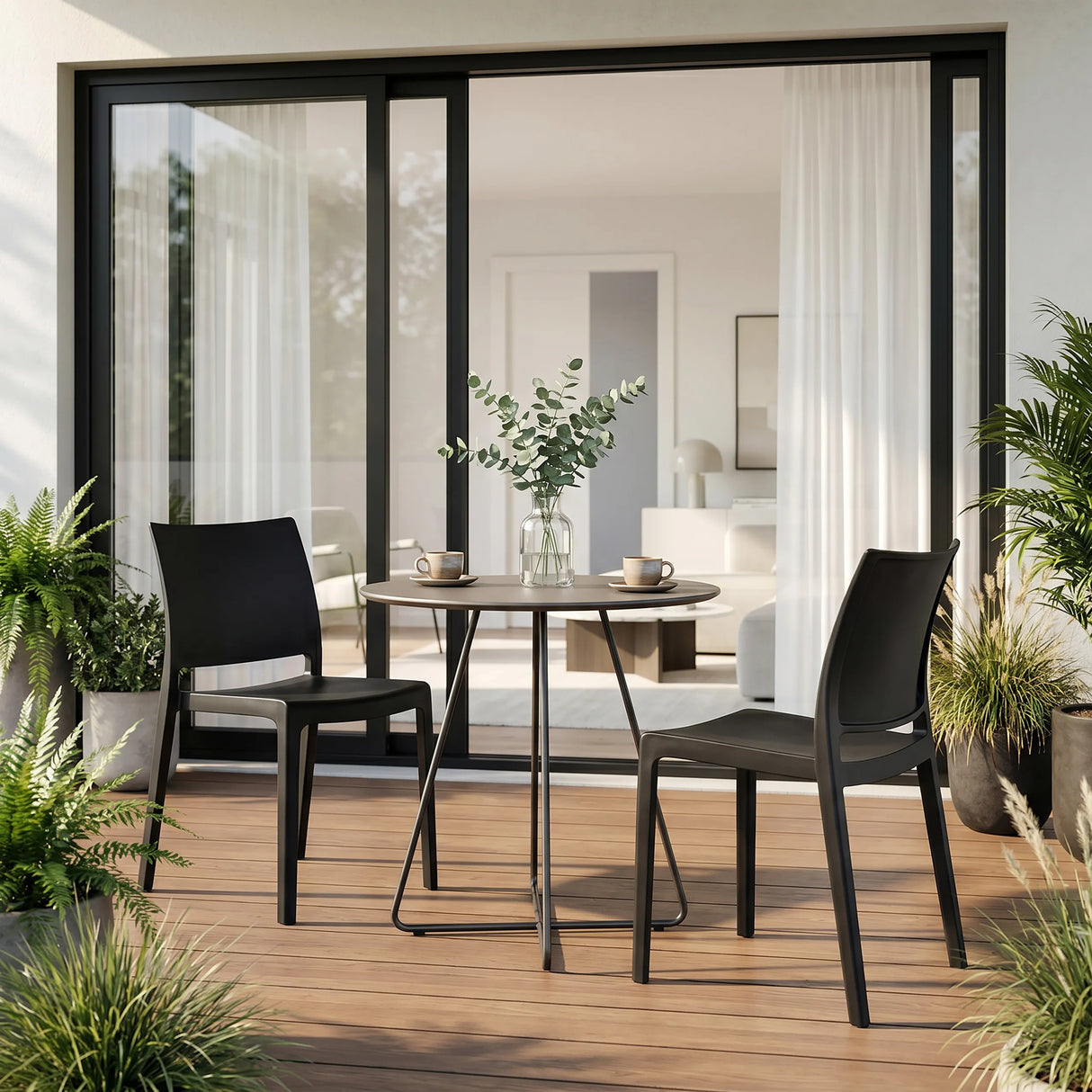 Outdoor-Stühle T37 V 4 in Schwarz an einem runden Gartentisch auf einer Terrasse von hjh LIVING