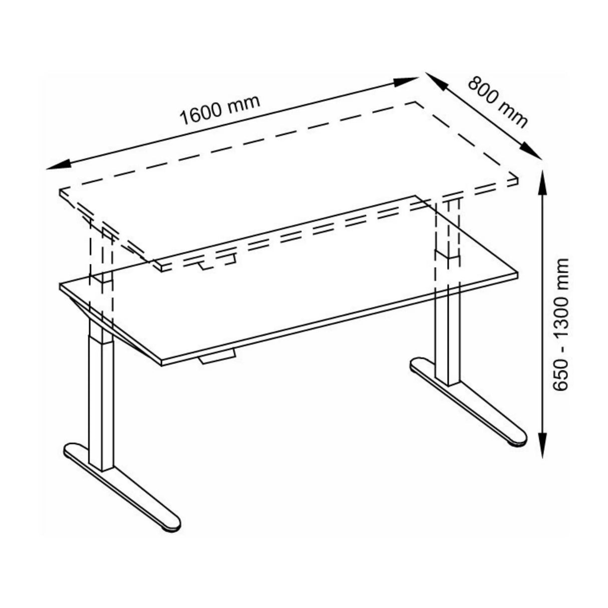 Technische Zeichnung des Schreibtischs XBHM 16 GG mit 1600 × 800 mm von hjh OFFICE PRO
