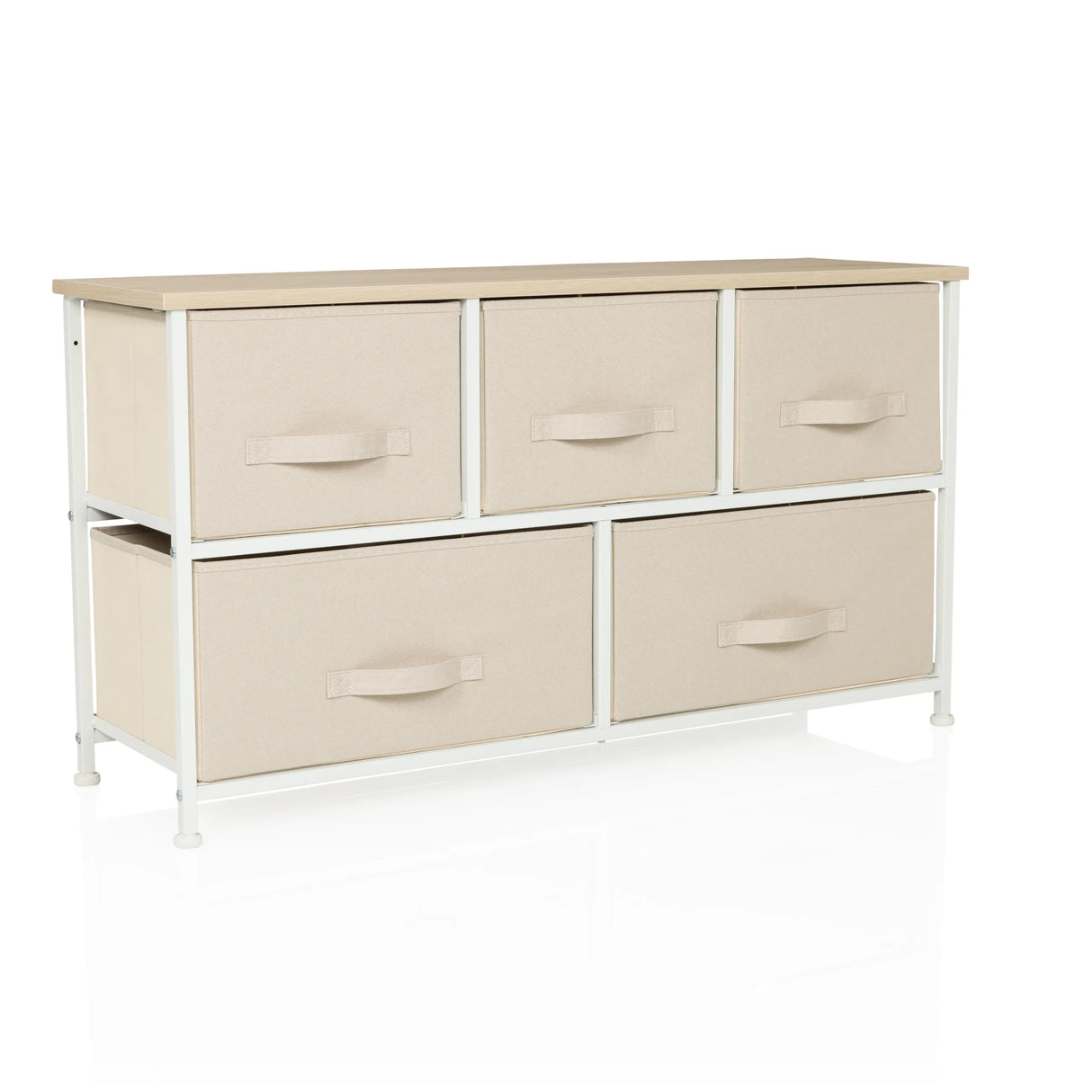 Beige Kommode FOLDAR mit fünf Stoffschubladen und weißem Gestell von hjh LIVING – 360-Grad-Ansicht (schräge Frontansicht 30°)