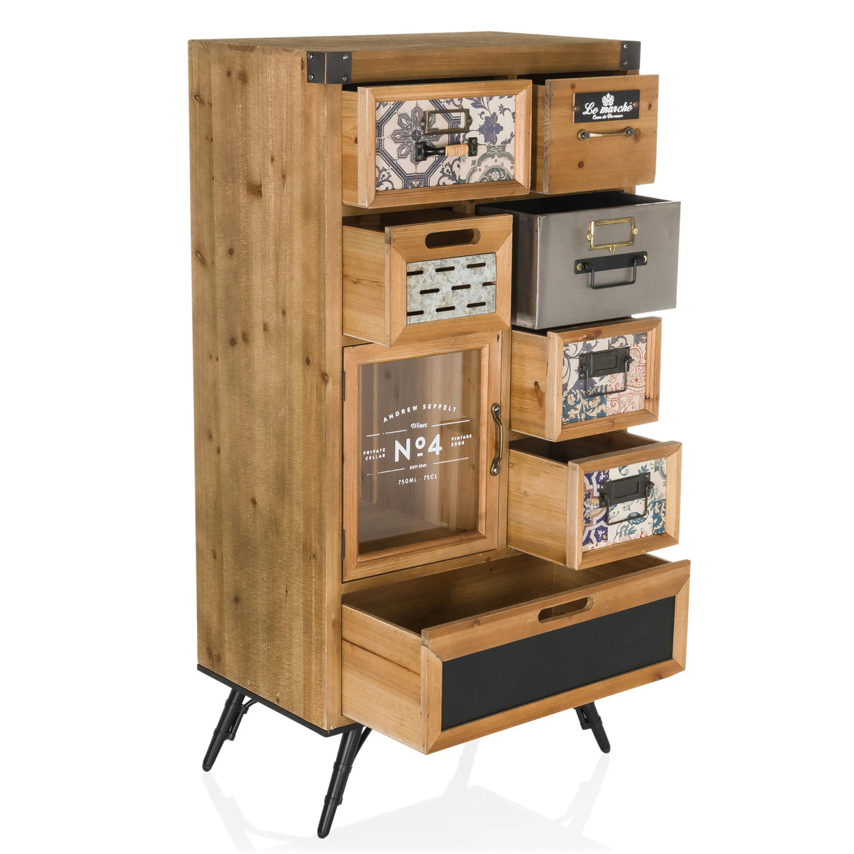 Sideboard CONTINENTO S in Holzoptik mit verschiedenen Schubladen, einem Glasschrank und schwarzen Beinen von hjh LIVING