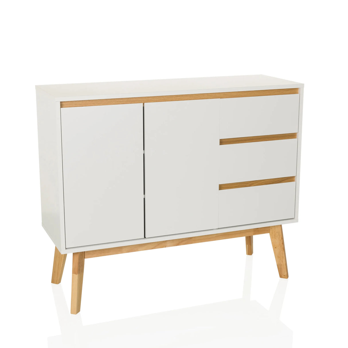 Weißes Sideboard TAROLO I mit drei Schubladen, zwei Türen und Holzbeinen von hjh LIVING – 360-Grad-Ansicht (Frontansicht 15°)