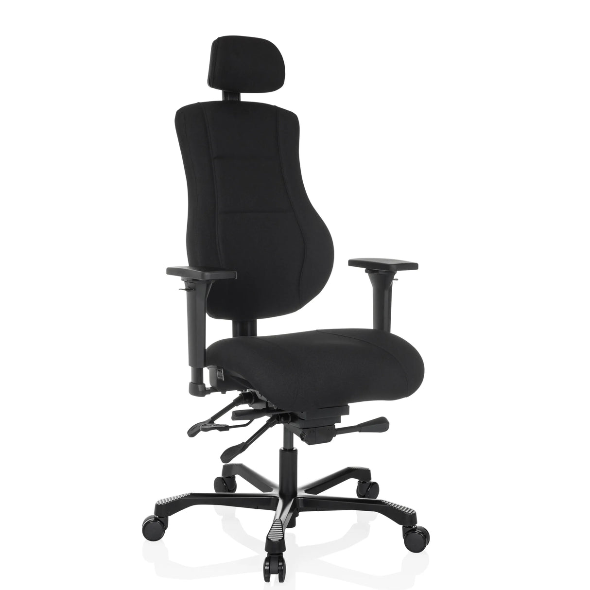 Schwarzer XXL Drehstuhl 24 HOURS BASIC mit Kopfstütze und Fußkreuz mit fünf Rollen von hjh OFFICE – 360-Grad-Ansicht (schräge Frontansicht 30°)
