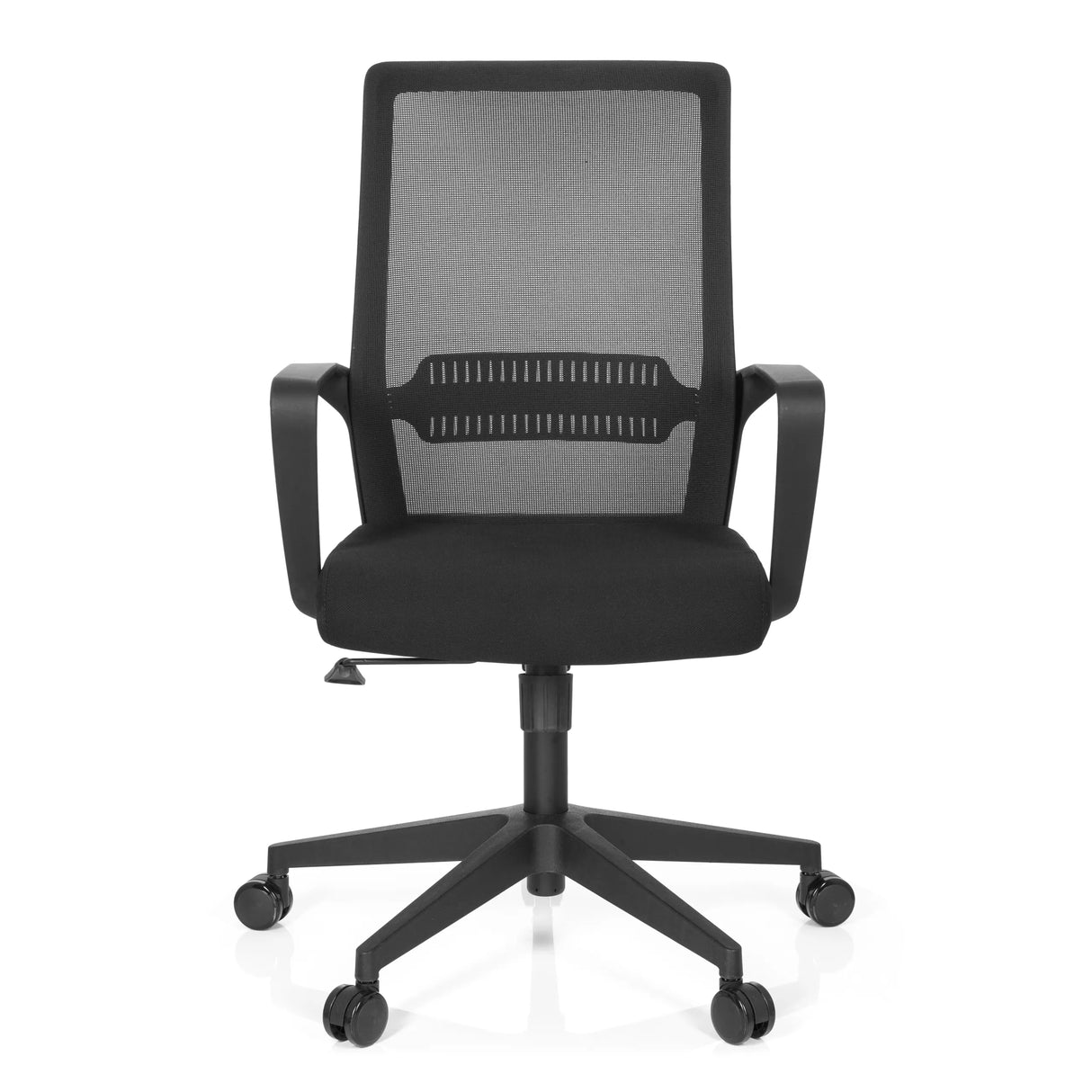 Schwarzer Home-Office-Bürostuhl PRESTON mit Netzrücken und Fußkreuz mit fünf Rollen von hjh OFFICE – 360-Grad-Ansicht (Frontansicht 0°)