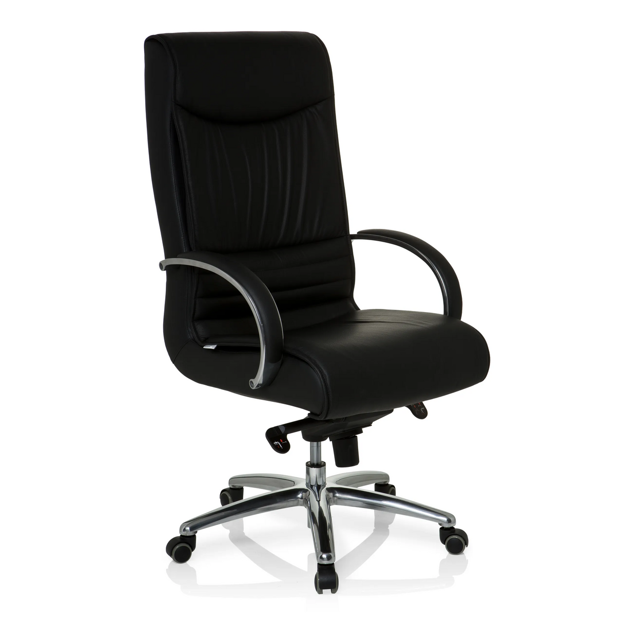 Schwarzer Drehstuhl XXL F 400 aus Leder mit Fußkreuz und fünf Rollen von hjh OFFICE – 360-Grad-Ansicht (schräge Frontansicht 40°)