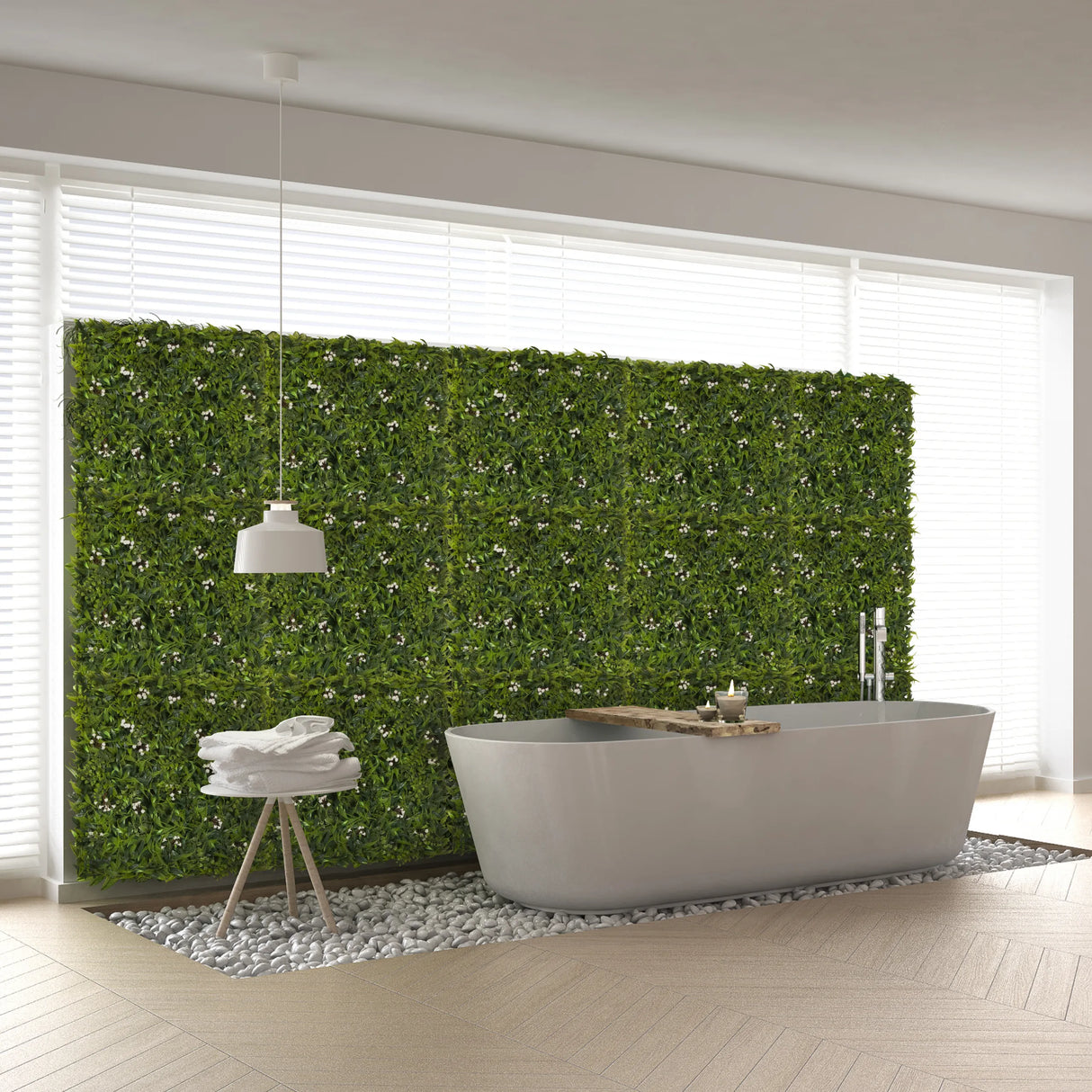 Grüne Pflanzenmatte MORE GREEN I als vertikale Wandbegrünung in einem Badezimmer von hjh OFFICE