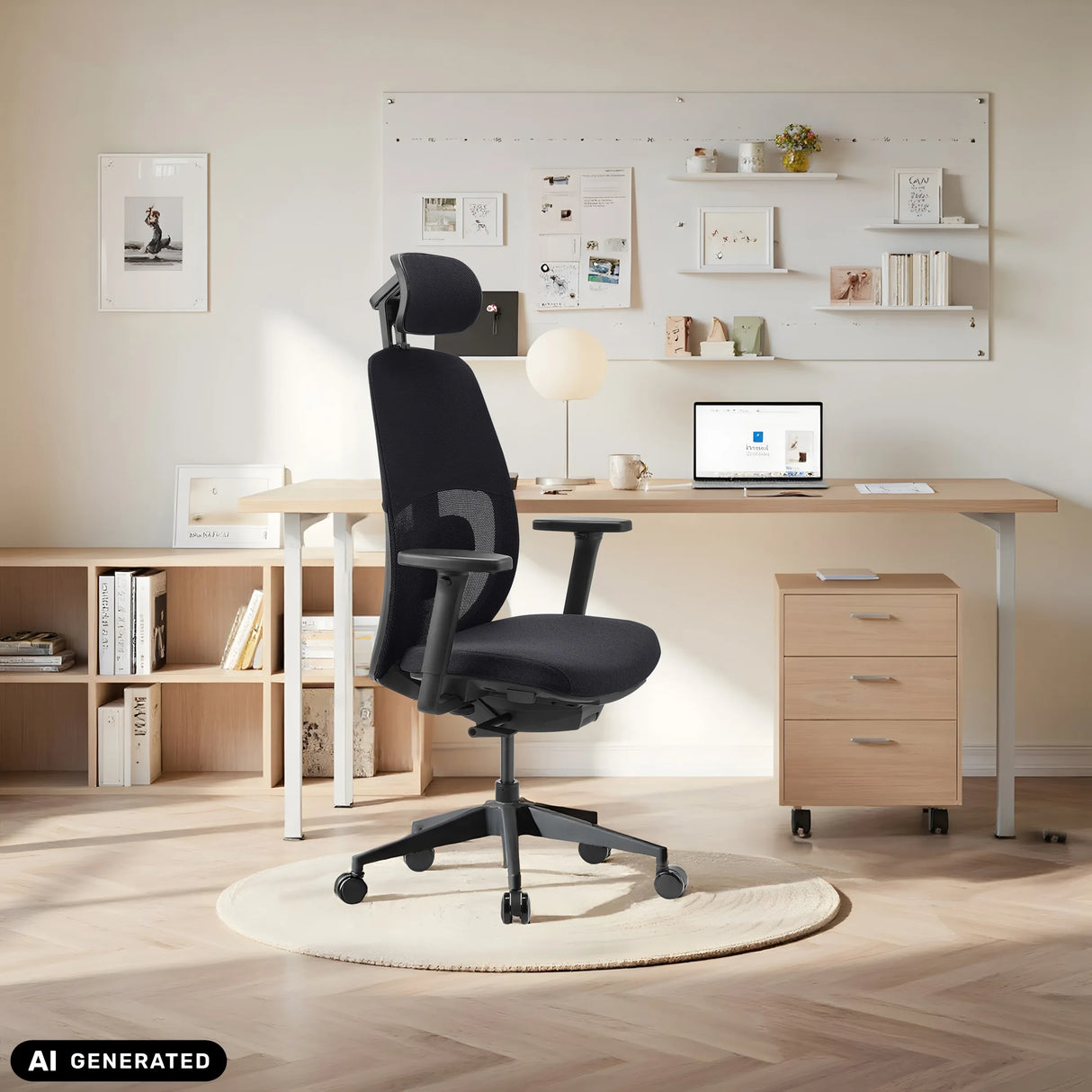 Schwarzer Profi-Bürostuhl Skandis Pro mit Kopfstütze in einem Homeoffice von hjh OFFICE (KI-generiertes Bild)