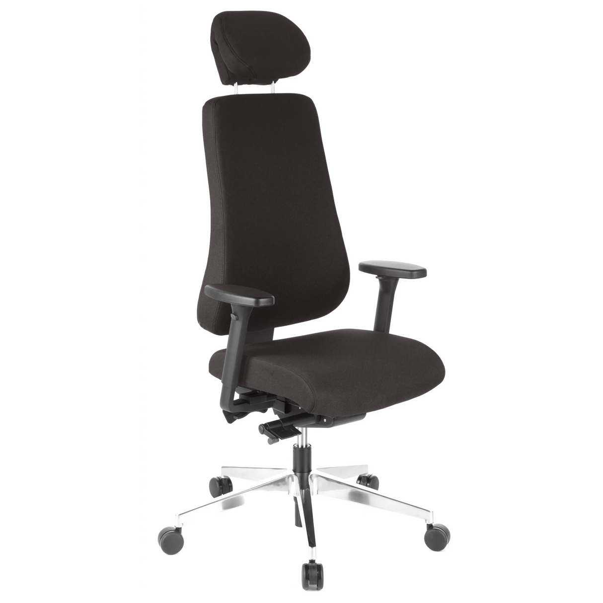 Schwarzer Profi-Bürostuhl PRO-TEC 400 mit Kopfstütze, Armlehnen und Fußkreuz mit fünf Rollen von hjh OFFICE – 360-Grad-Ansicht (schräge Frontansicht 40°)