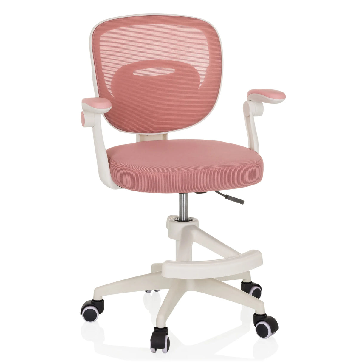 Rosa Kinderdrehstuhl KIDDY SMART mit Netzrücken und Fußkreuz mit fünf Rollen von hjh OFFICE – 360-Grad-Ansicht (Frontansicht 15°)