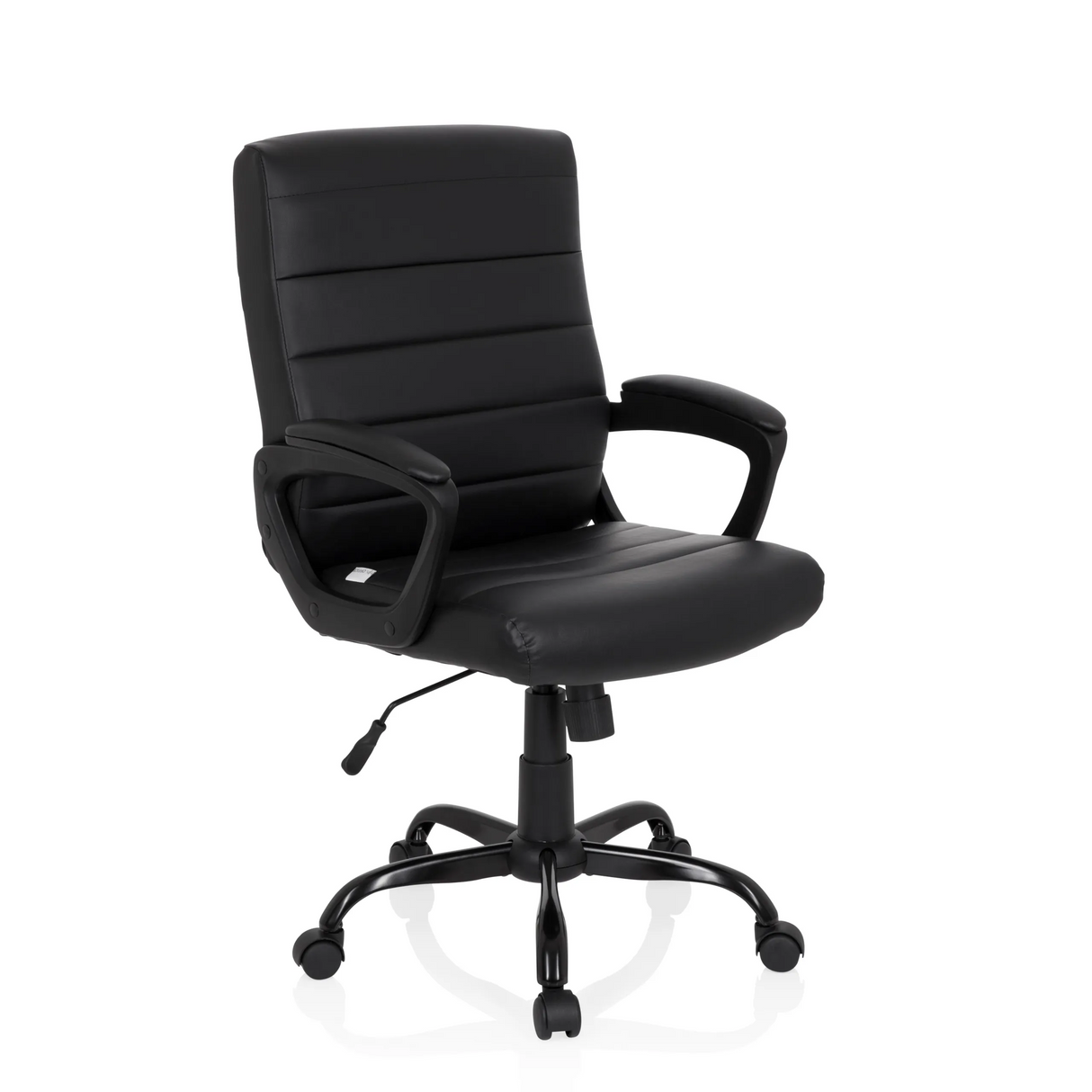 Schwarzer Homeoffice Chefsessel ERGOSMOOTH BIG mit gesteppter Polsterung und Fußkreuz mit fünf Rollen von hjh OFFICE – 360-Grad-Ansicht (schräge Frontansicht 40°)