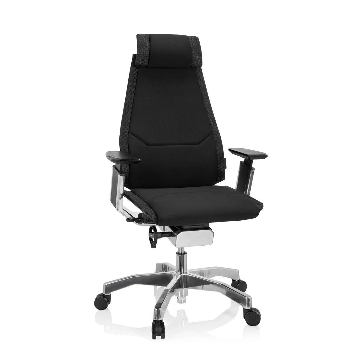 Schwarzer High-End-Bürostuhl GENIDIA PRO mit Stoffbezug und Fußkreuz mit fünf Rollen von hjh OFFICE – 360-Grad-Ansicht (Frontansicht 20°)