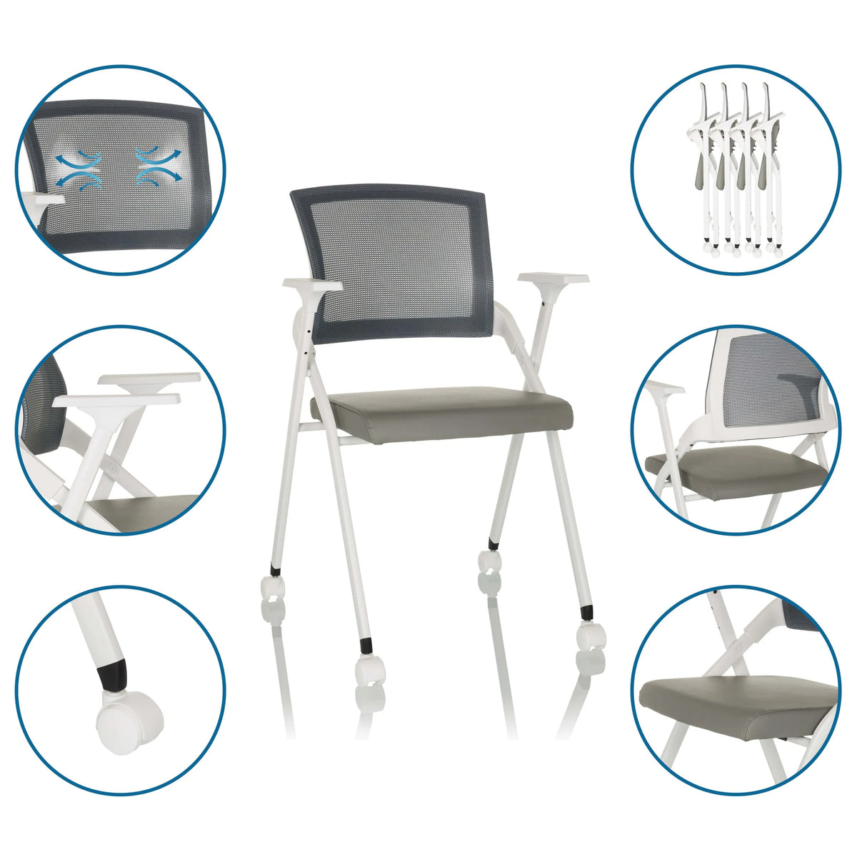 Grauer Klappstuhl PRIORITY II W PU mit Netzrücken, Armlehnen und Rollen inklusive Detailansichten von hjh OFFICE