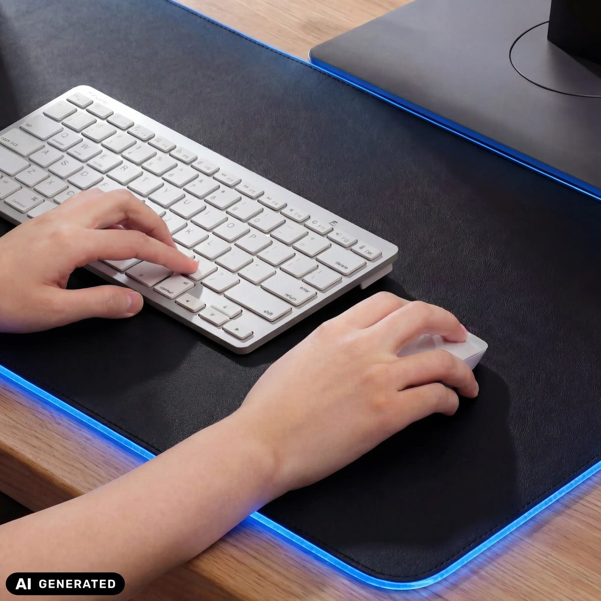 Schwarze Schreibunterlage Padflux Game mit blau leuchtendem Rand, Tastatur und Maus von hjh OFFICE (KI-generiertes Bild)