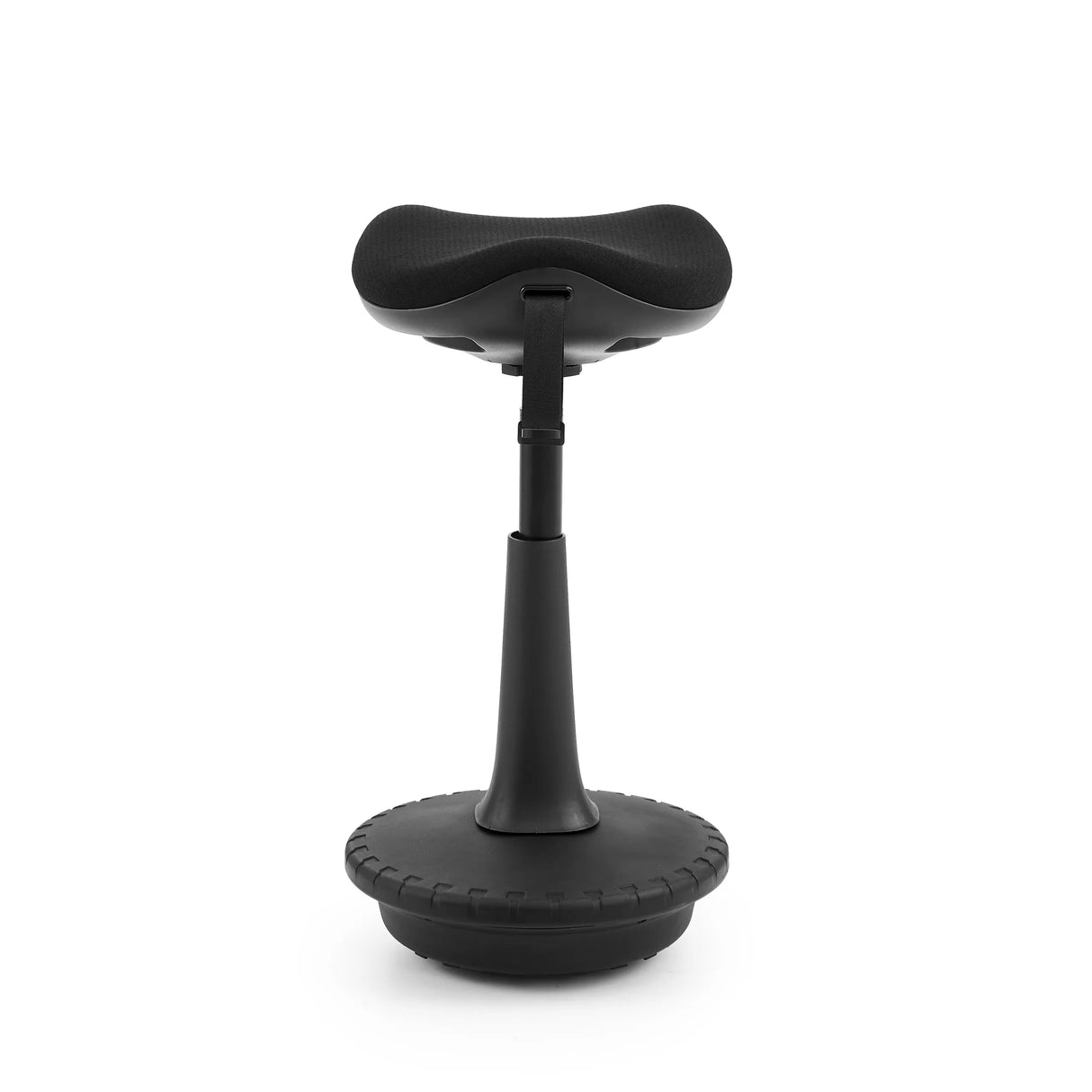Schwarze Stehhilfe Balance Sit Ergo mit ergonomisch geformter Sitzfläche und rundem Standfuß von hjh OFFICE – 360-Grad-Ansicht (Frontansicht 0°)
