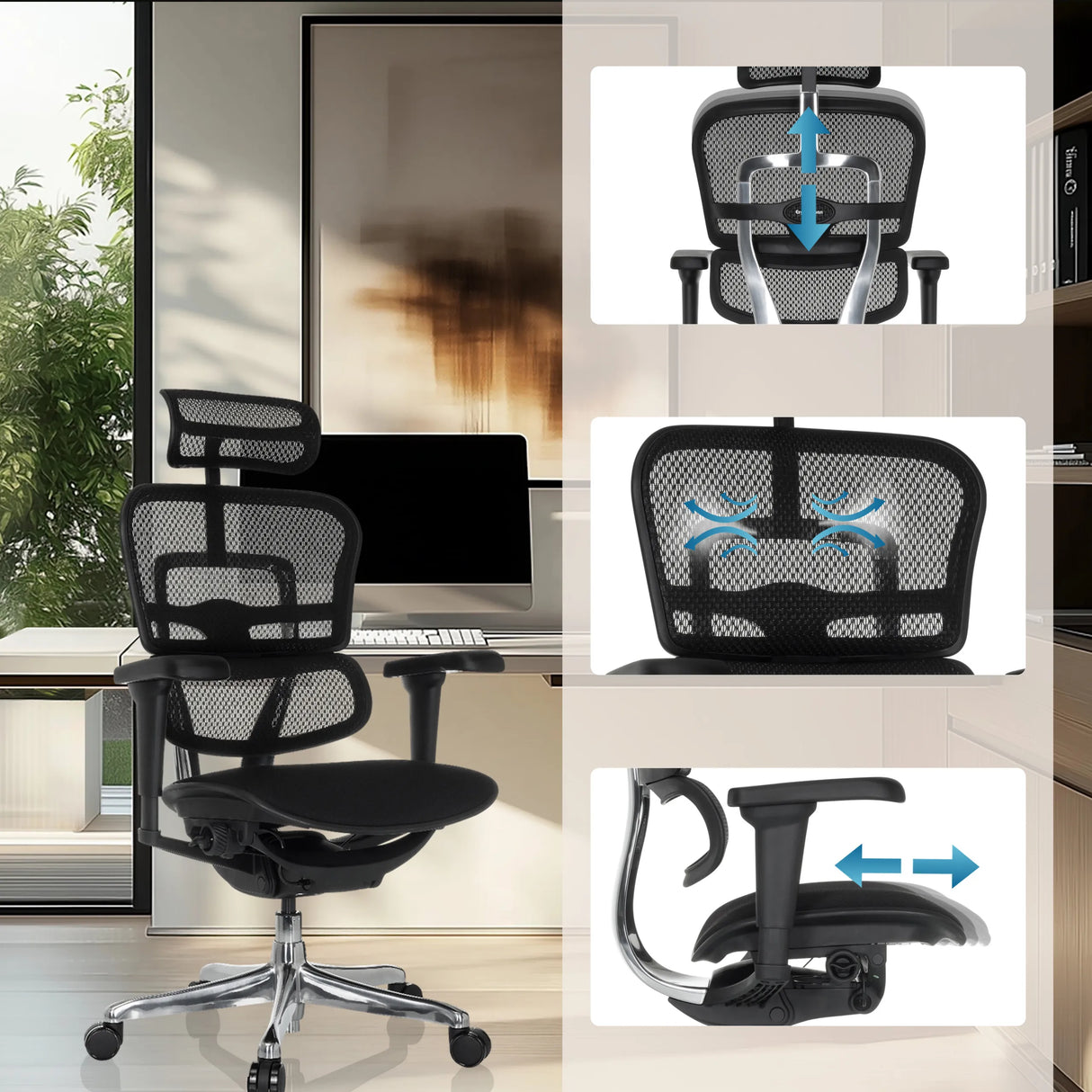 Verstellbare Kopfstütze, Rückenlehne und Armlehne des Luxus-Chefsessels ERGOHUMAN ULTRA F GEN2 von hjh OFFICE