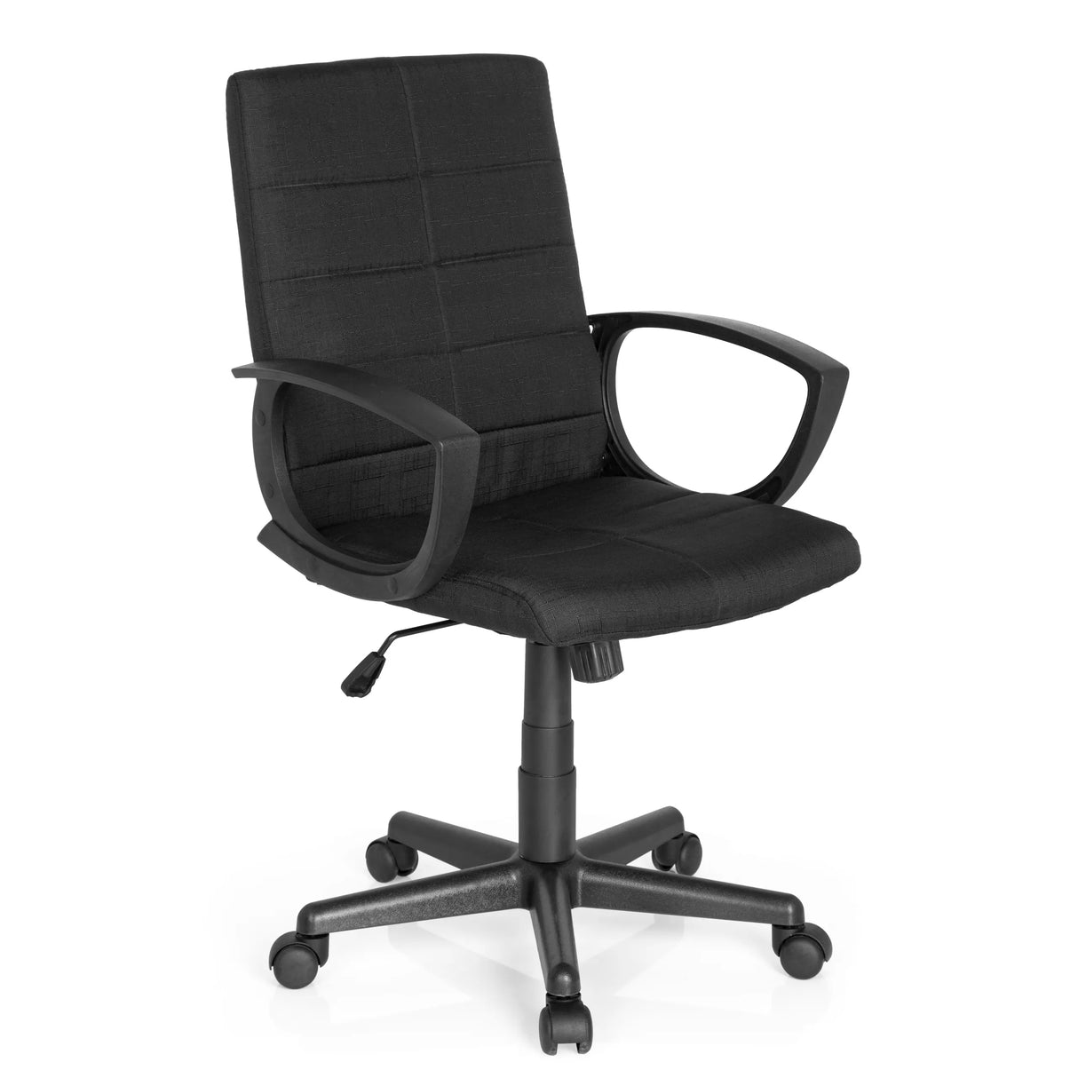 Schwarzer Homeoffice-Bürostuhl STAR-TEC CL300 mit Armlehnen und Fußkreuz mit fünf Rollen von MyBuero – 360-Grad-Ansicht (schräge Frontansicht 40°)