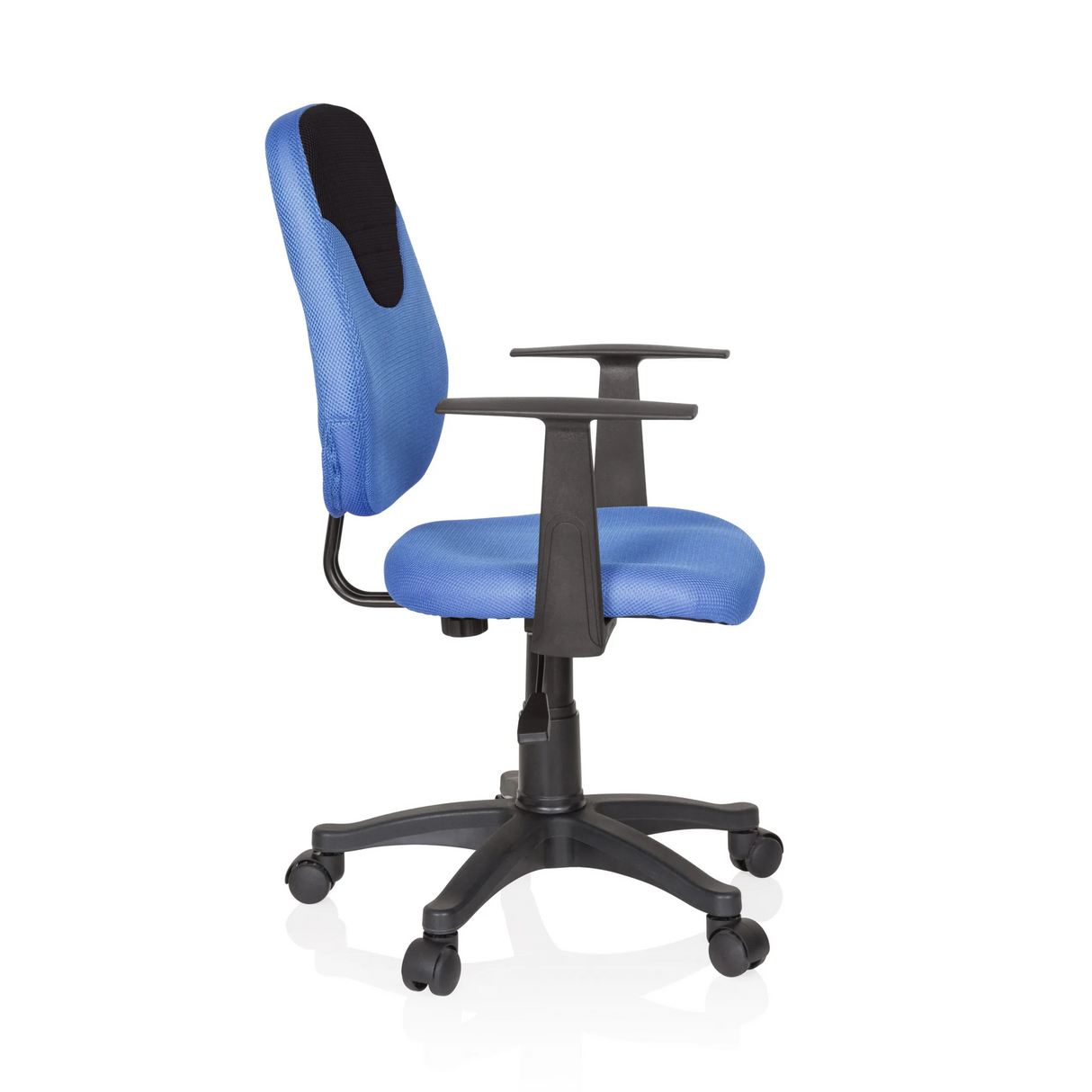 Blauer Kinderdrehstuhl KIDDY STYLE mit Netzrücken, Armlehnen und Fußkreuz mit fünf Rollen von hjh OFFICE – 360-Grad-Ansicht (Seitenprofil 80°)