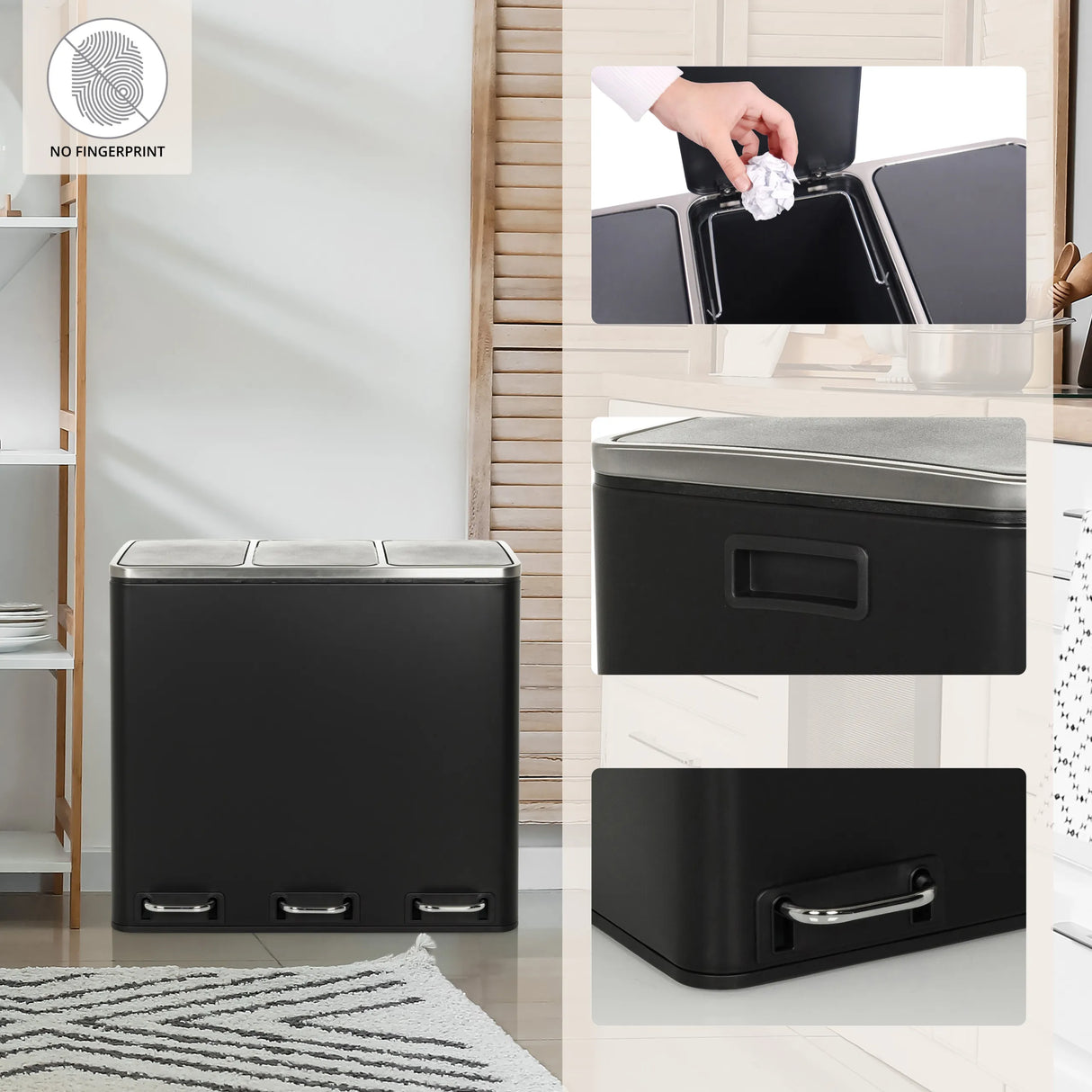 Schwarzer Mülleimer Clean 9 mit drei Fächern, Edelstahldeckel und Griffen von hjh OFFICE