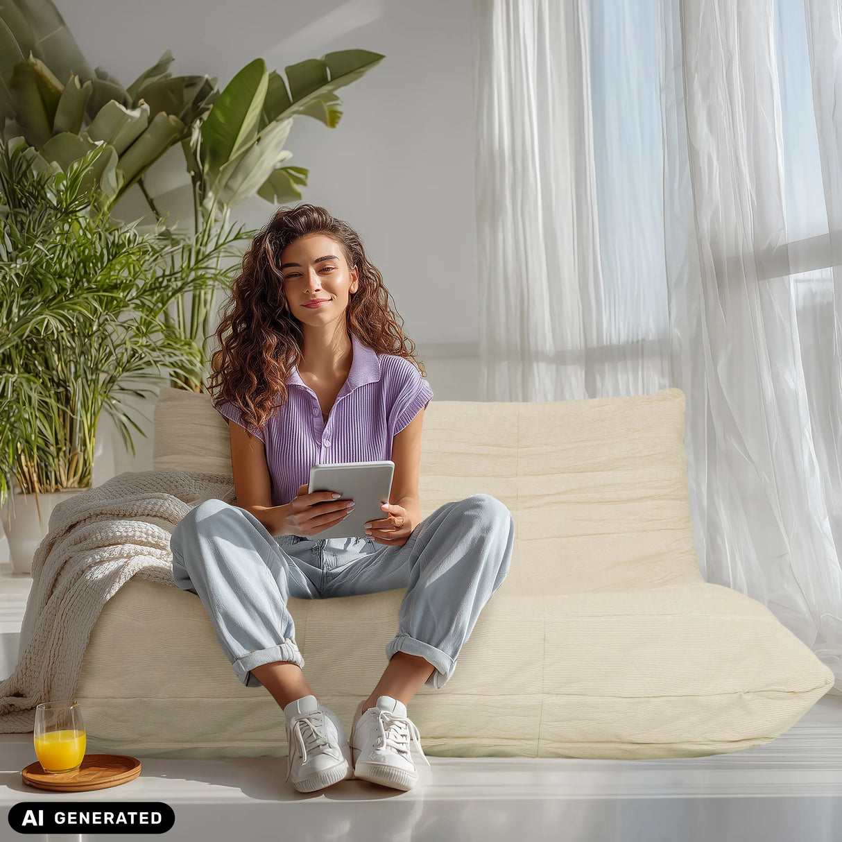 Beiger Loungesessel Sitzolo 2 mit einer Person von hjh LIVING (KI-generiertes Bild)