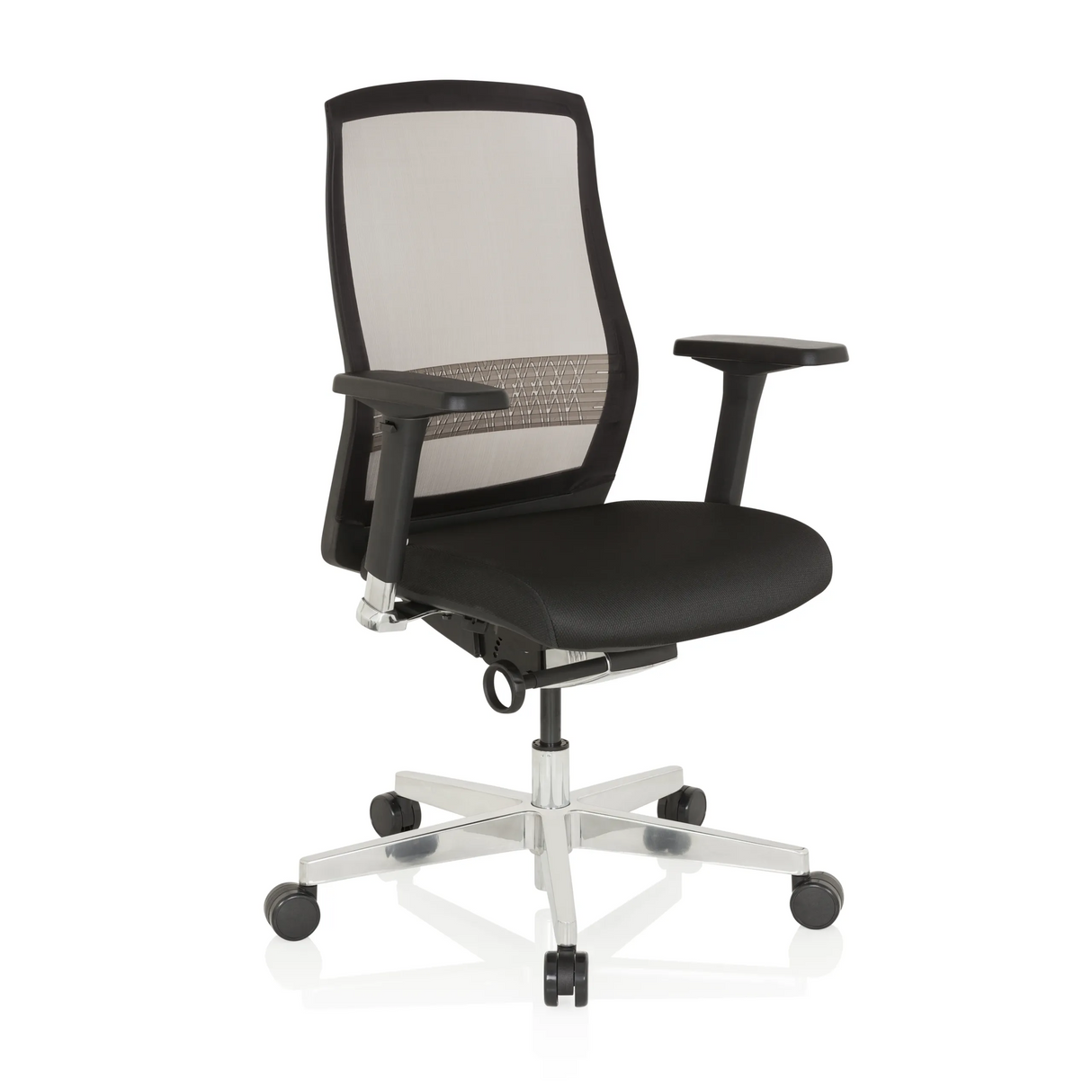 Schwarzer High-End-Bürostuhl FOUNTAINE mit Netzrücken und einem Fußkreuz mit fünf Rollen von hjh OFFICE – 360-Grad-Ansicht (schräge Frontansicht 40°)