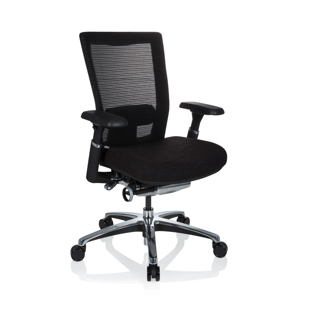Schwarzer High-End-Bürostuhl NOVA PRO ALU mit Netzrücken und Fußkreuz mit fünf Rollen von hjh OFFICE – 360-Grad-Ansicht (schräge Frontansicht 40°)